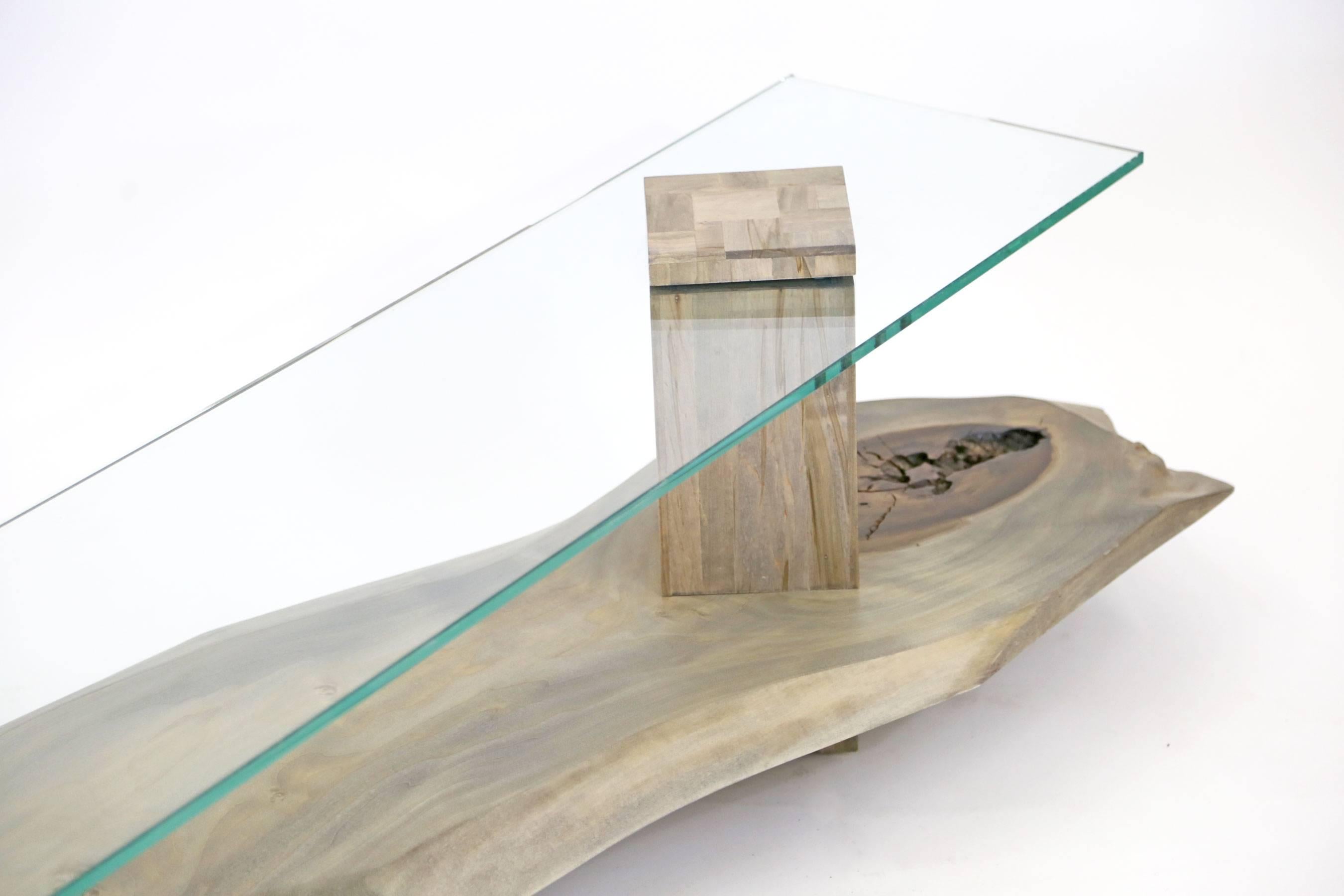Contemporary Sentient Maple and Glass Foothills Console in Driftwood Finish For Sale
