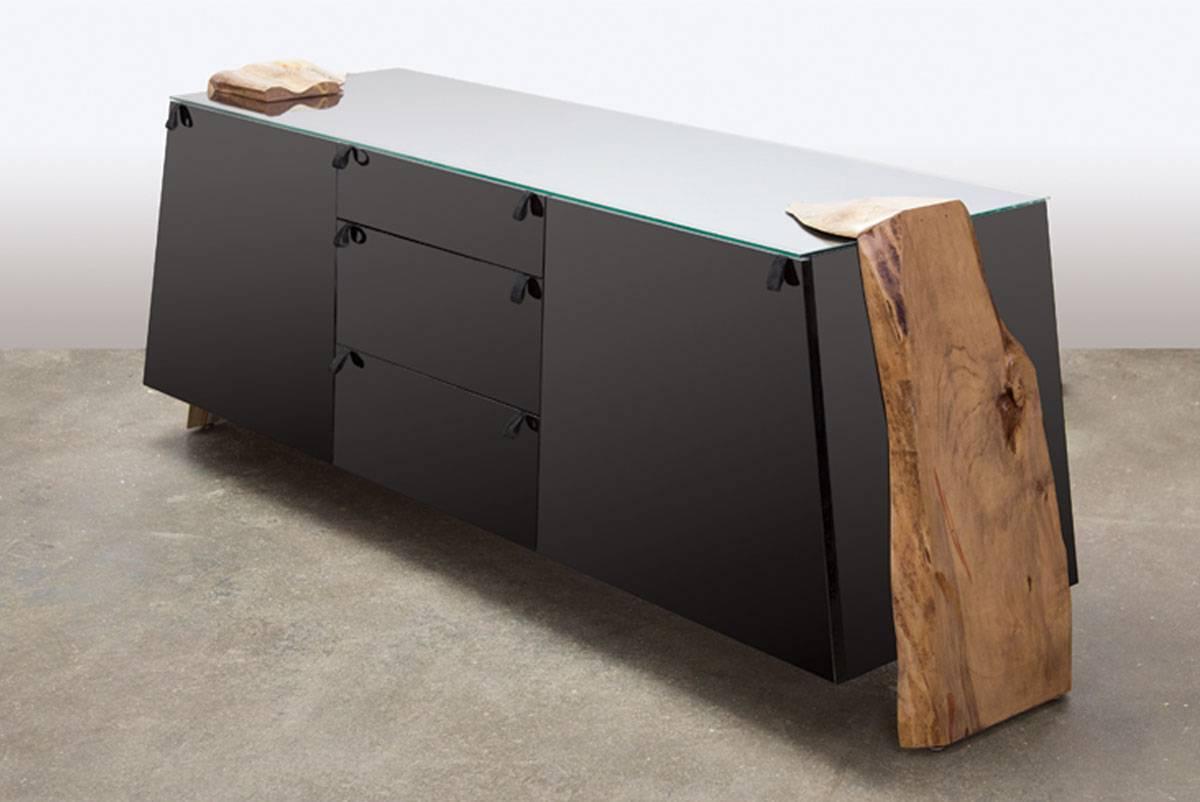 American Sentient Luxor Credenza featuring Live Edge with Leather Pulls For Sale