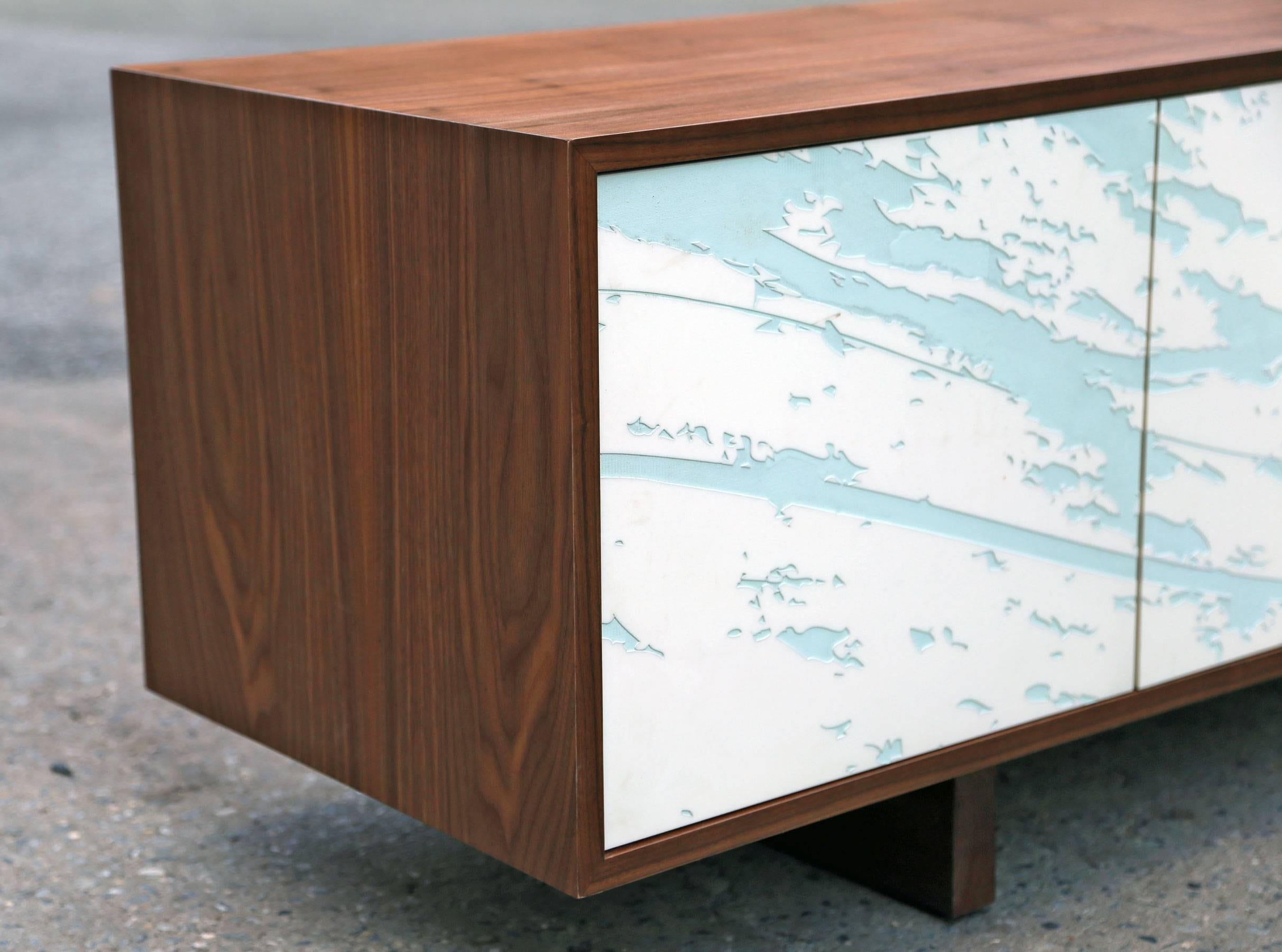 Contemporary Shimna Neosho Walnut Credenza with 'Splash' Seafoam Engraved Art For Sale