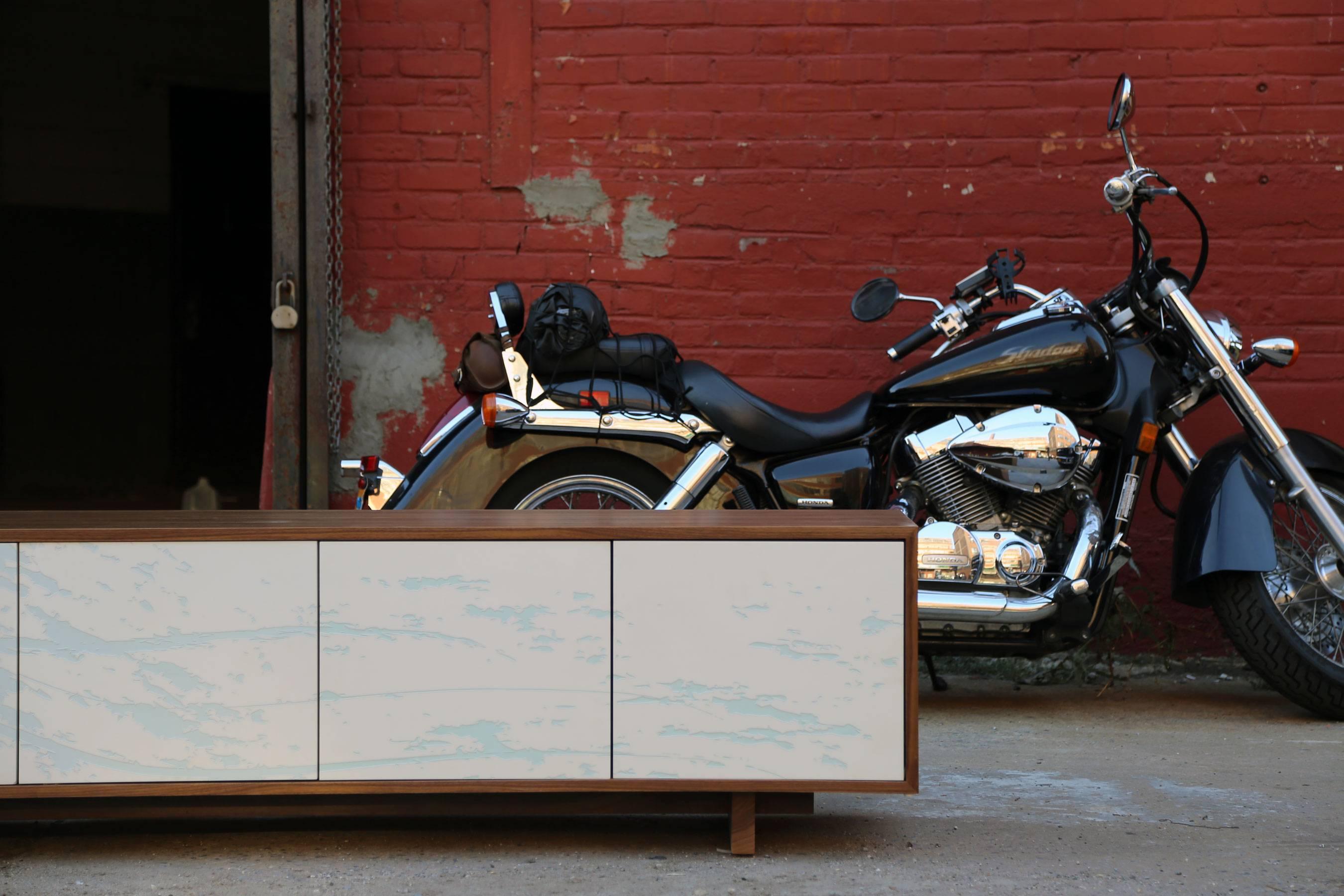 Hardwood Shimna Neosho Walnut Credenza with 'Splash' Seafoam Engraved Art For Sale