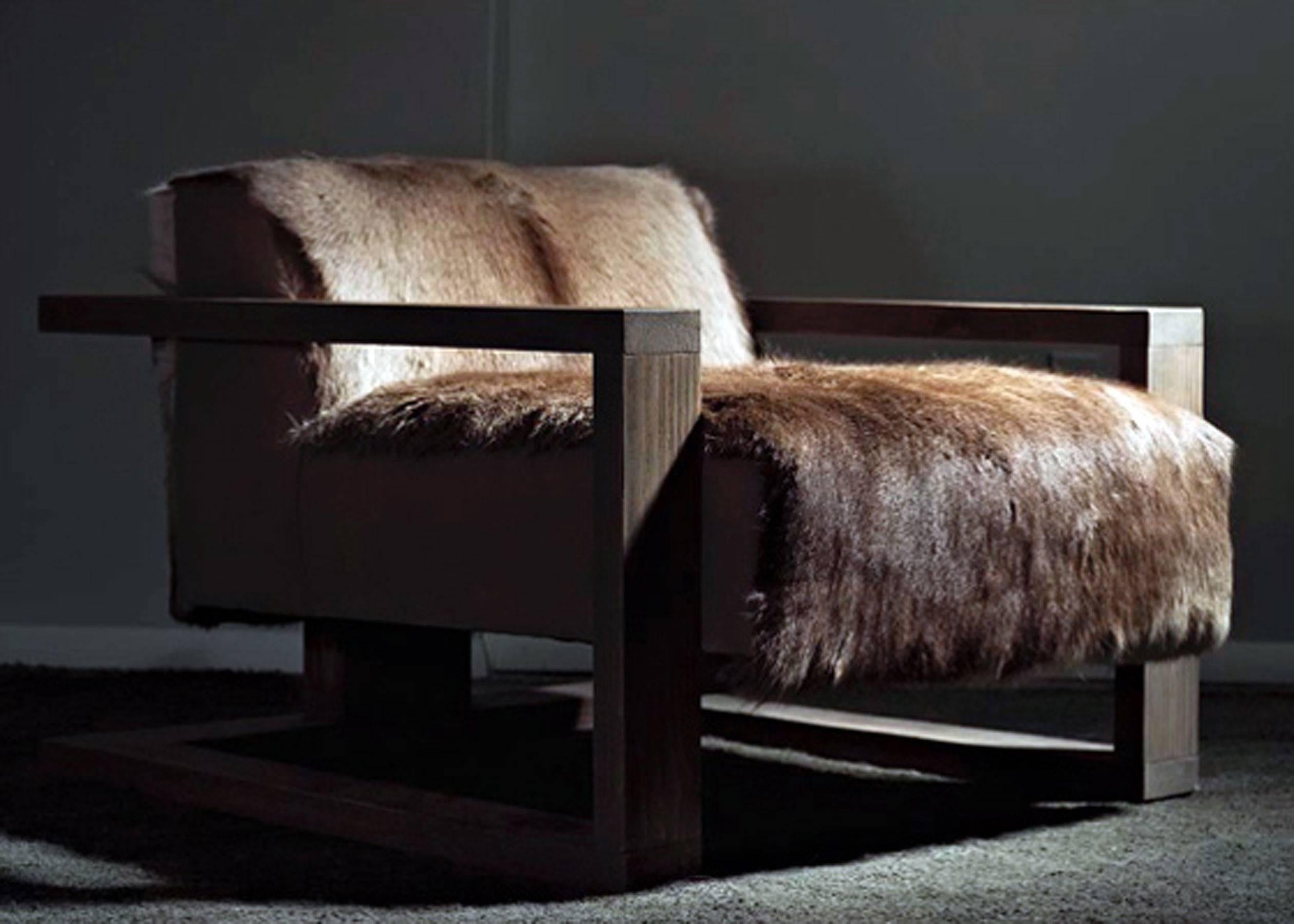 Contemporary Sentient Caribou Exposed Frame Lounge Chair Coyote Fur Upholstery For Sale