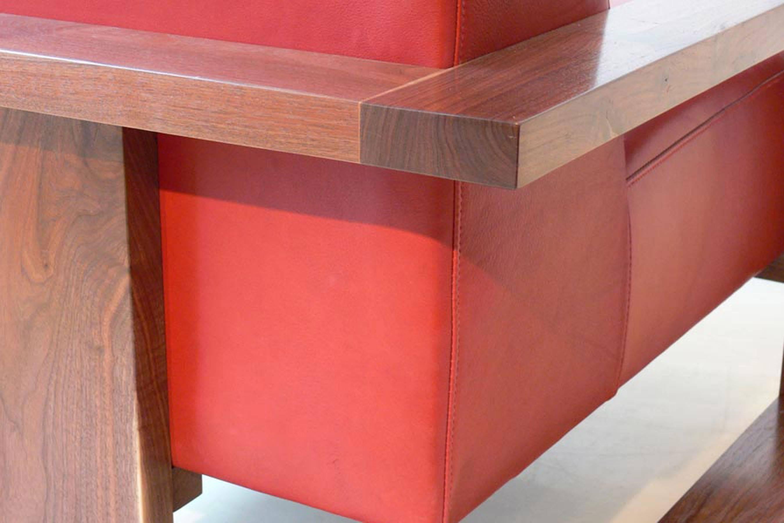 Contemporary Caribou Lounge Chair in Red Leather with Walnut Hardwood Exposed Frame For Sale
