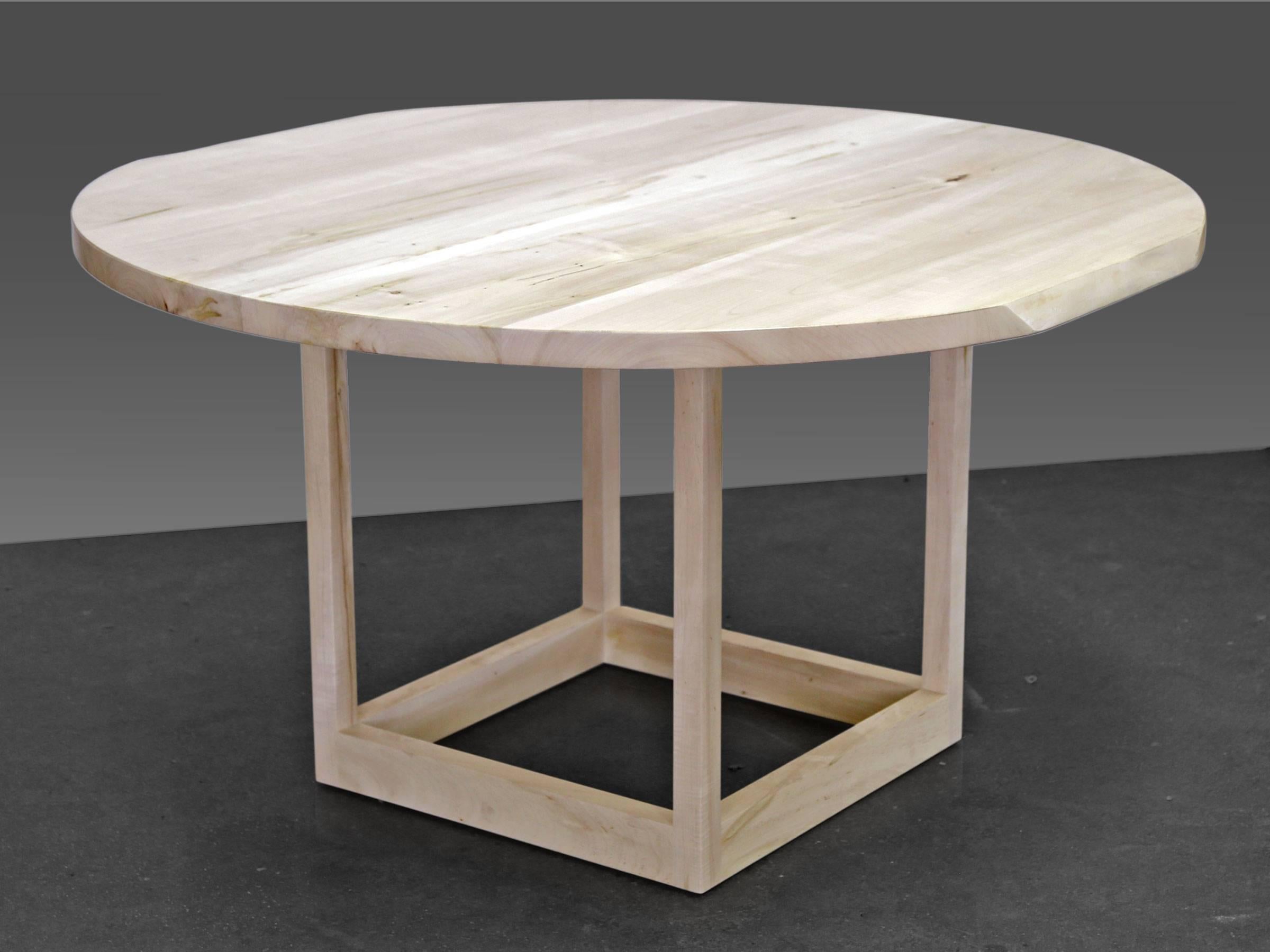 Many people have asked us to develop a live edge table that incorporates a round top and a pedestal base. Our response is the flow pedestal table, shown here in bleached ambrosia maple with a hardwood frame base. The table has subtle live edge