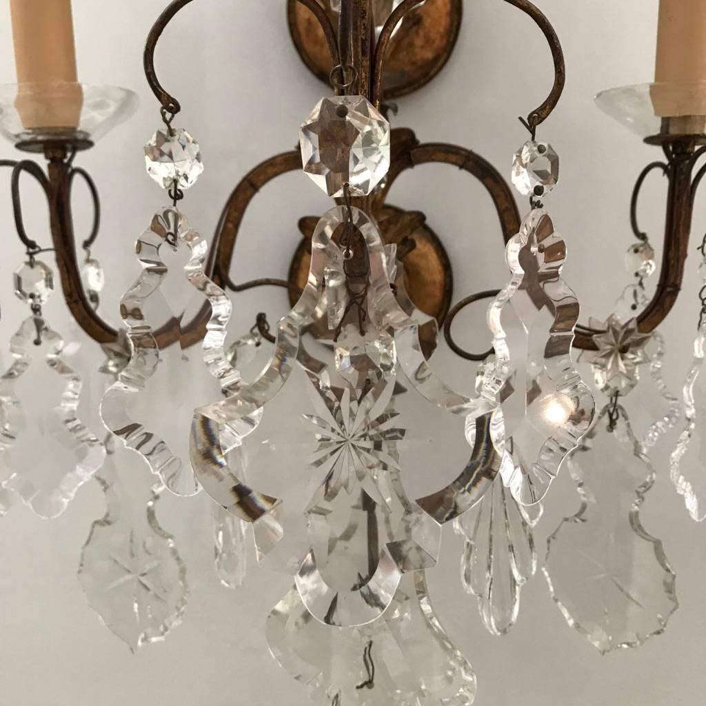 Brass Set of Four Italian Crystal Wall Lights, Circa 1900 For Sale
