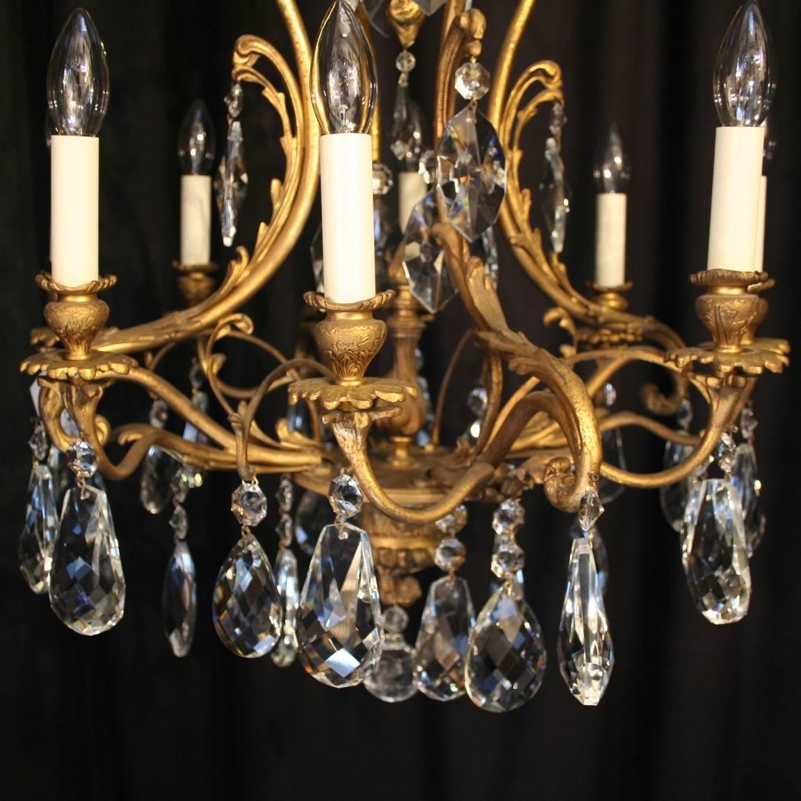 Rococo Italian Pair of Gilded Eight and Six-Light Antique Chandeliers