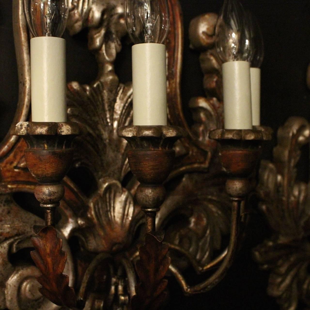 Silvered Florentine Pair of Silver Giltwood Wall Lights