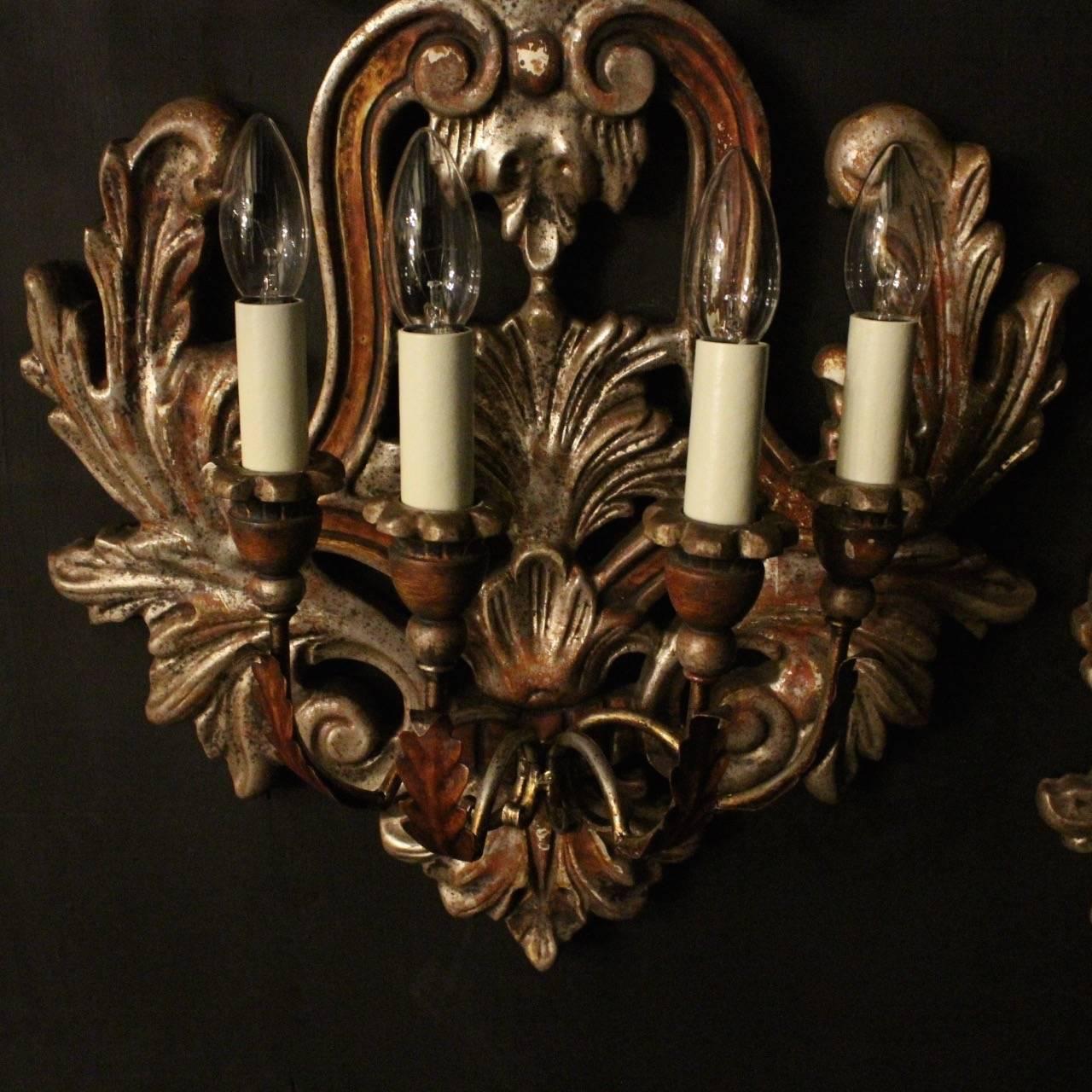 20th Century Florentine Pair of Silver Giltwood Wall Lights