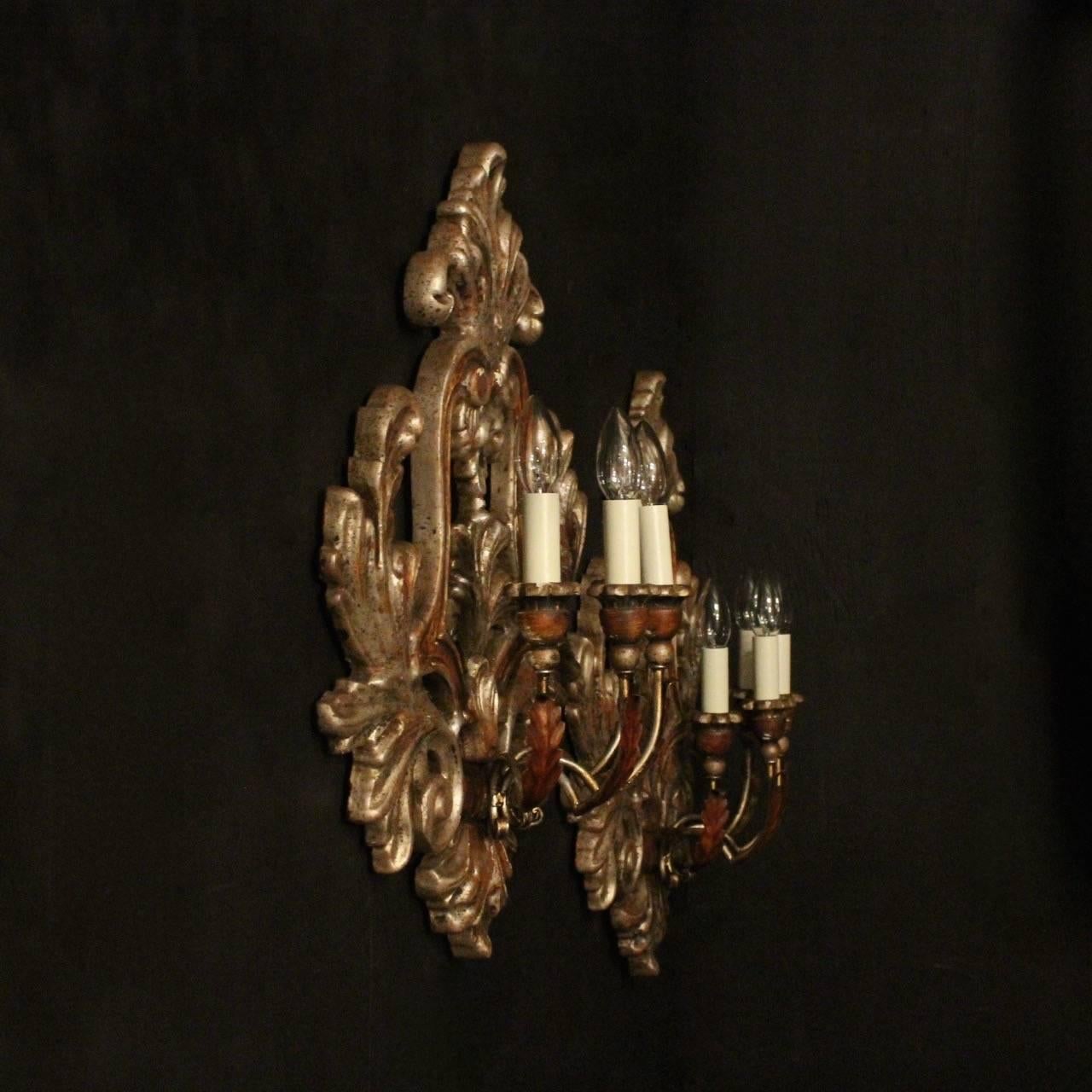 Florentine Pair of Silver Giltwood Wall Lights 4