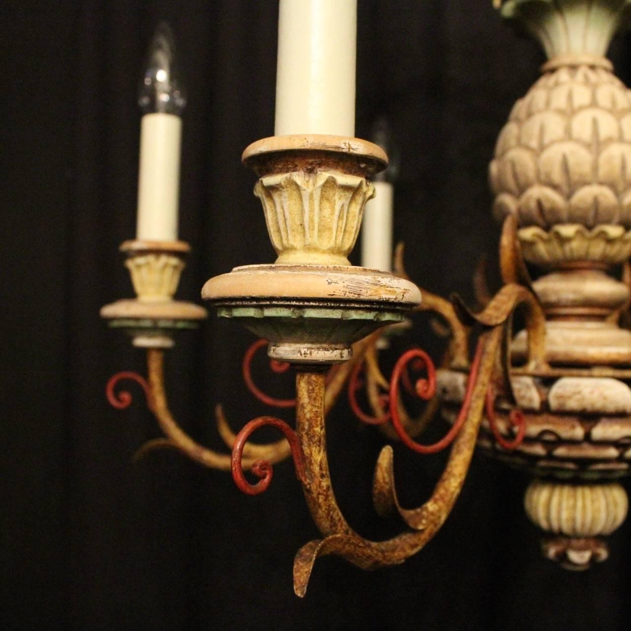 French Polychrome Pineapple Six-Light Chandelier In Excellent Condition In Chester, GB