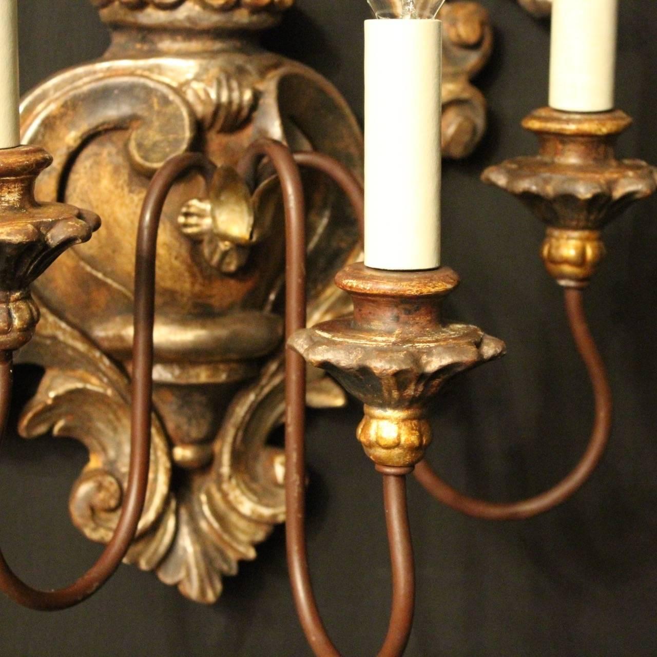 Baroque Florentine Pair of Giltwood Triple Arm Wall Lights