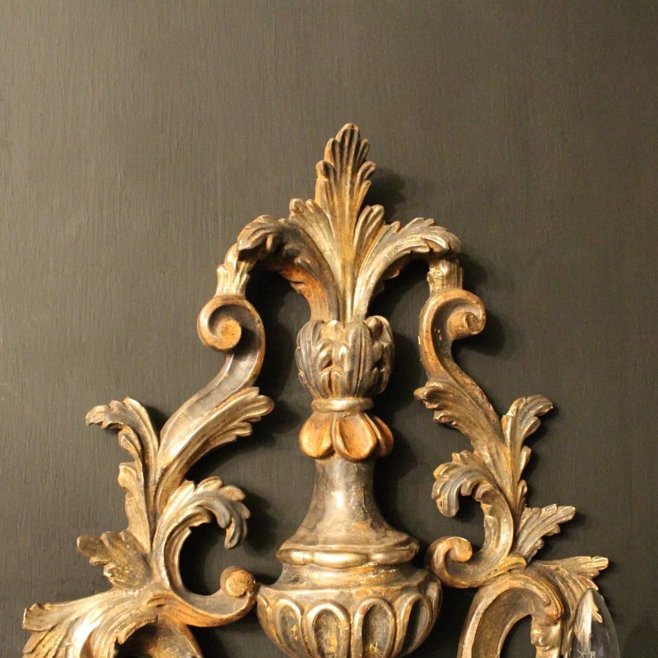 Italian Florentine Pair of Giltwood Triple Arm Wall Lights