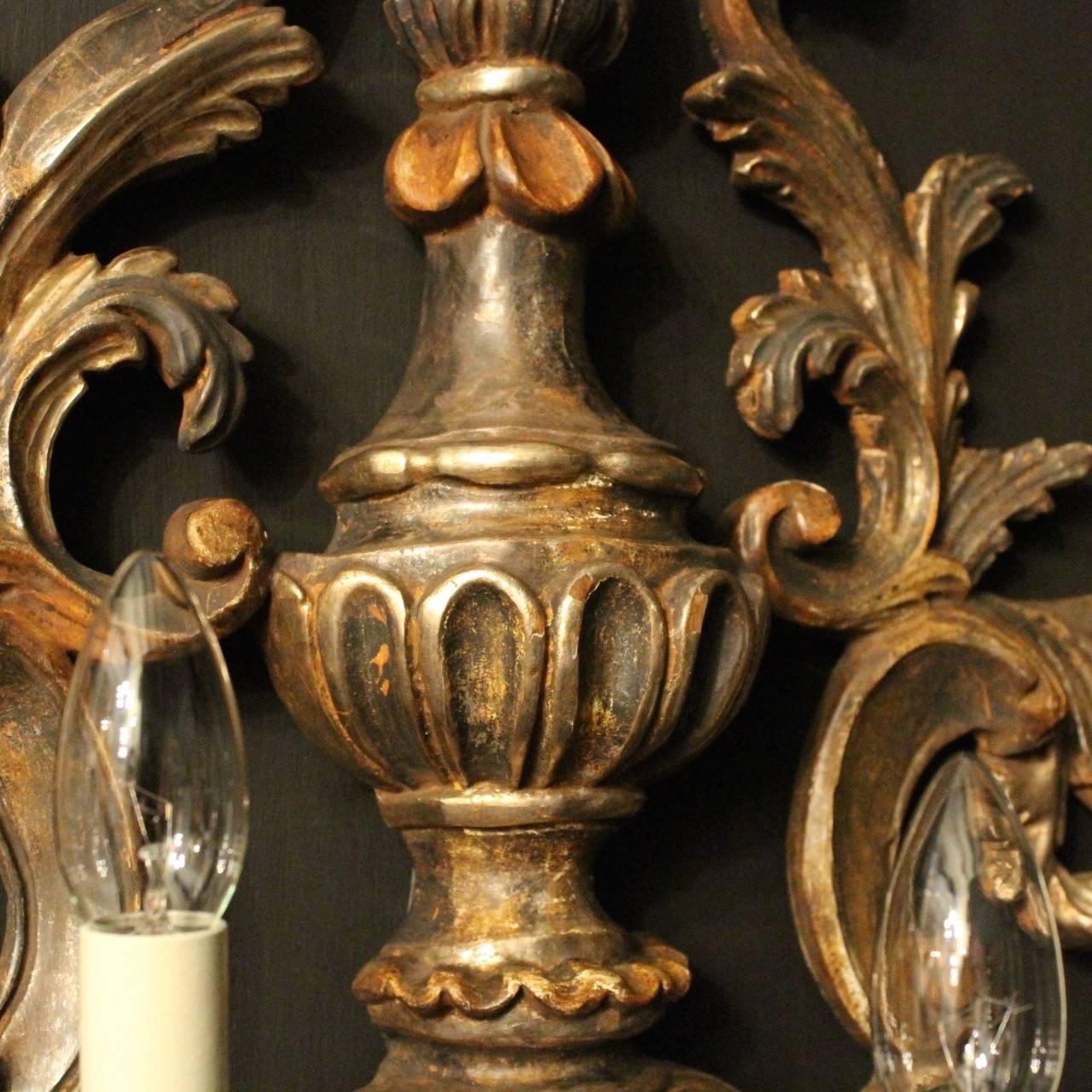 Polychromed Florentine Pair of Giltwood Triple Arm Wall Lights