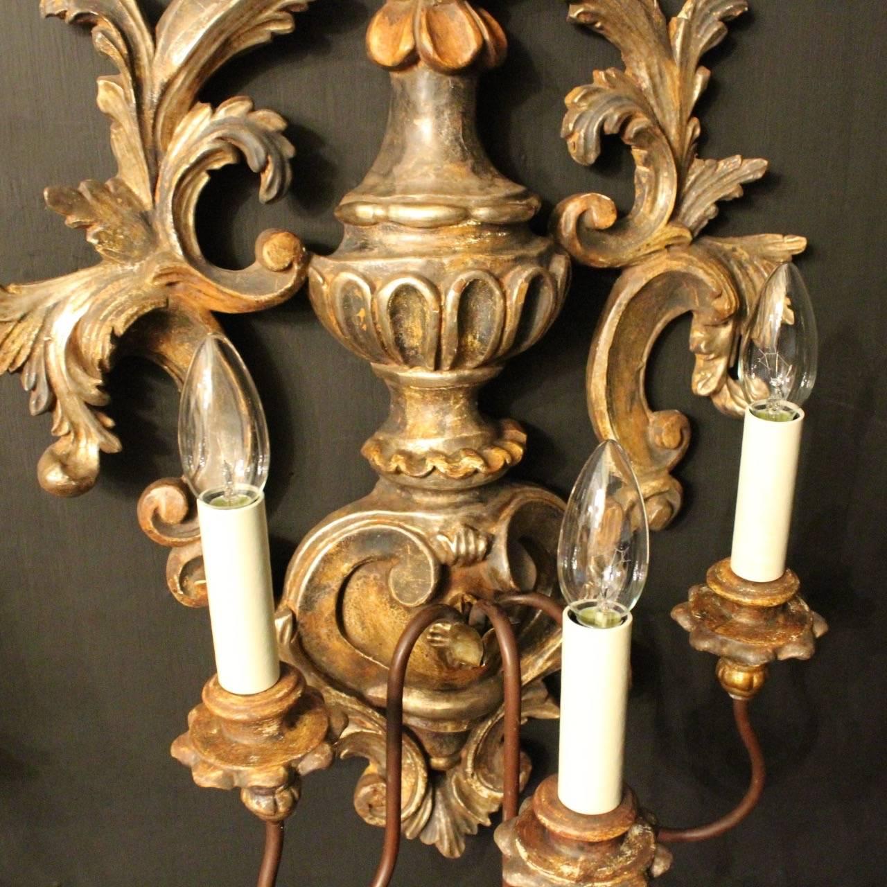 Florentine Pair of Giltwood Triple Arm Wall Lights In Excellent Condition In Chester, GB