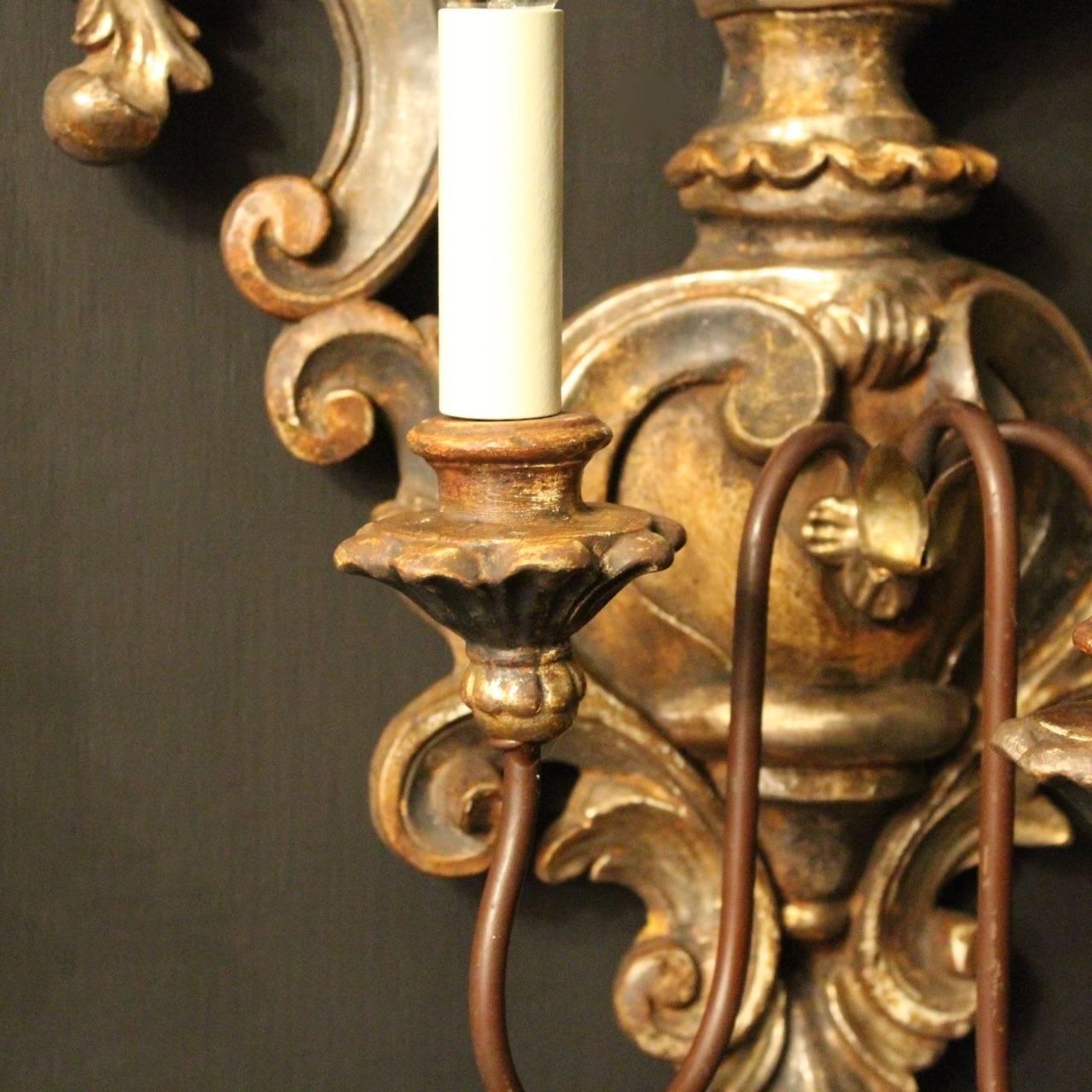 20th Century Florentine Pair of Giltwood Triple Arm Wall Lights