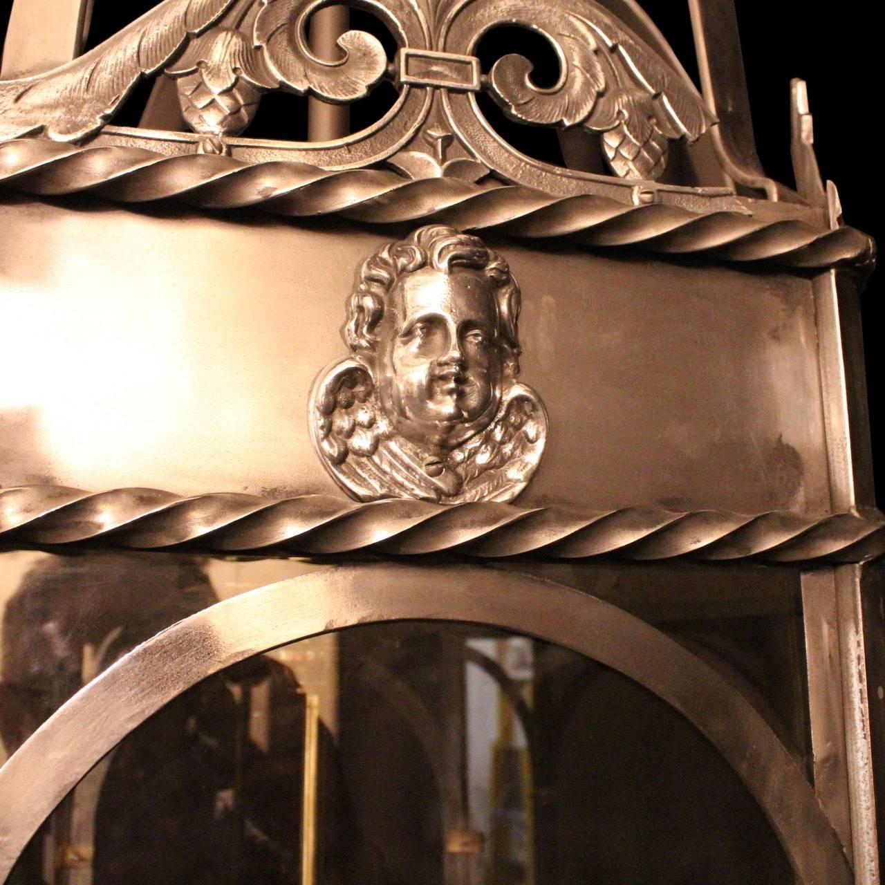 Gothic Revival French Eight-Light Monumental Cherub Iron Hexagonal Lantern