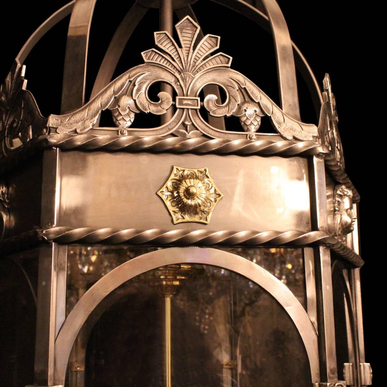 Polished French Eight-Light Monumental Cherub Iron Hexagonal Lantern