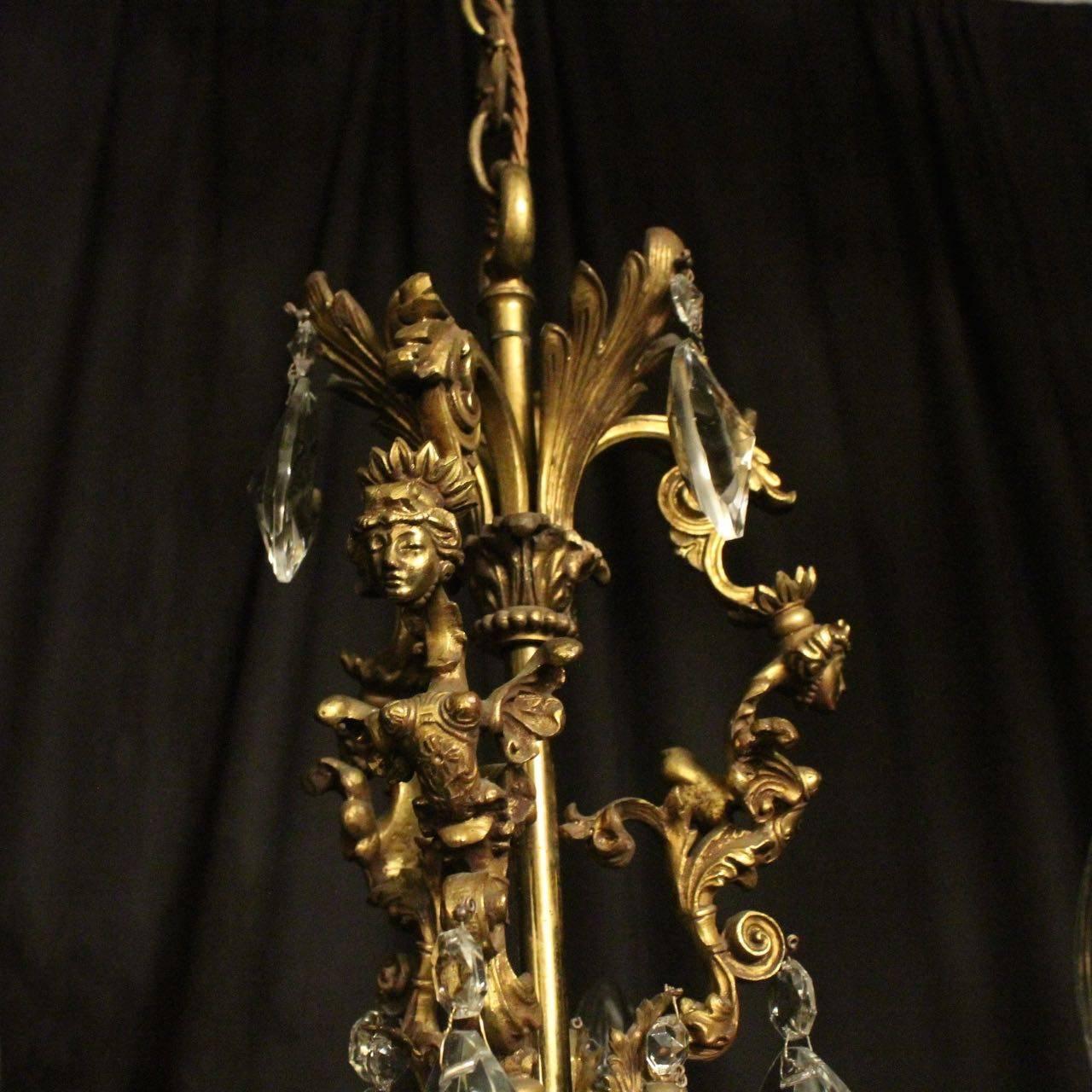 French Female Headed Gilded Triple Light Antique Chandelier In Excellent Condition In Chester, GB