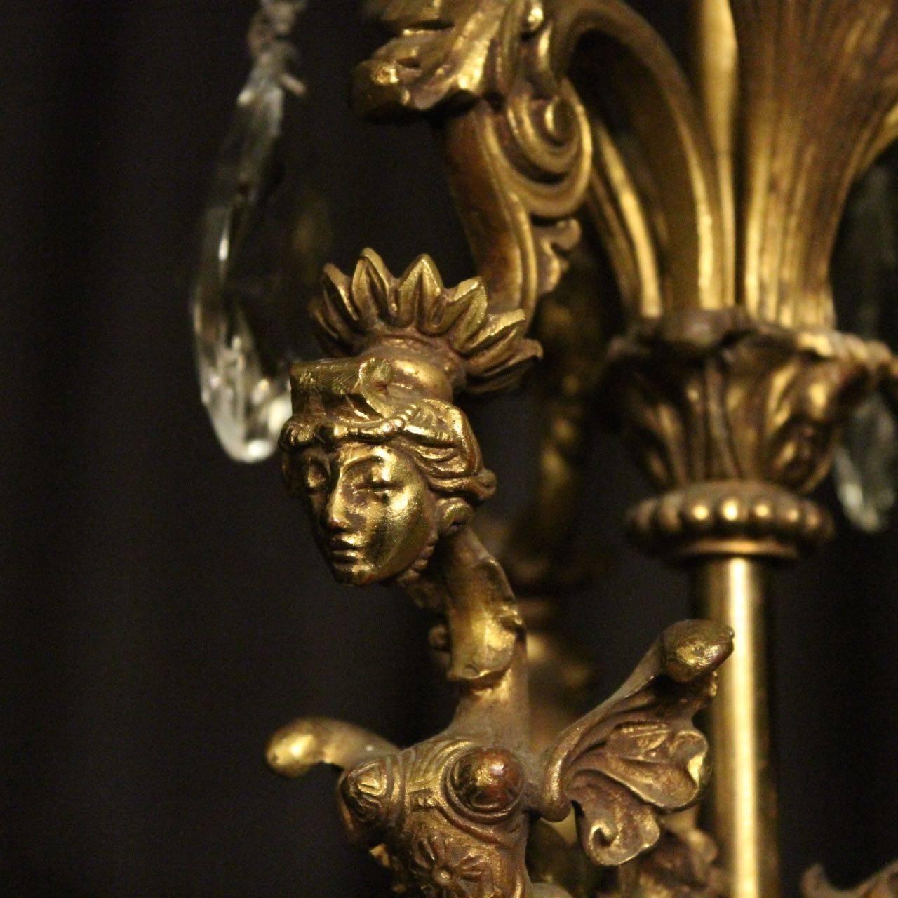 Brass French Female Headed Gilded Triple Light Antique Chandelier