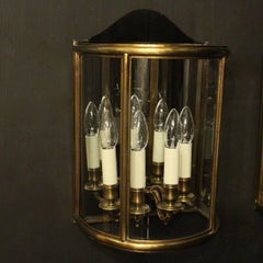 French Pair of Four-Light Bronze Antique Half Wall Lanterns