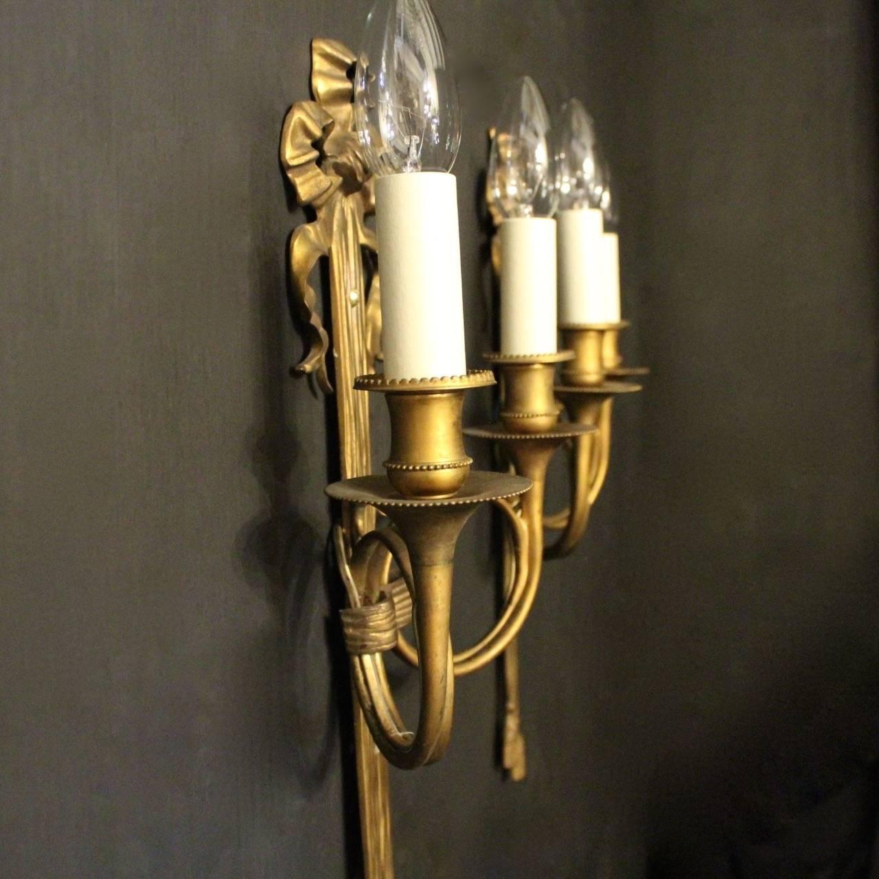 French Pair of Ribbon Gilded Bronze Antique Wall Sconces 1