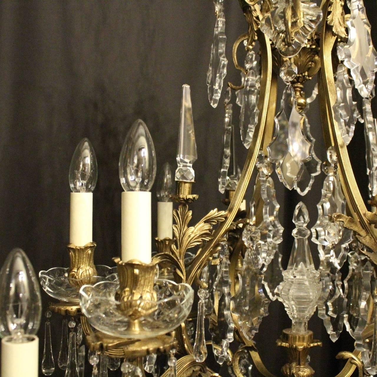 Gilt French Pair of Gilded Bronze and Crystal Antique Chandeliers