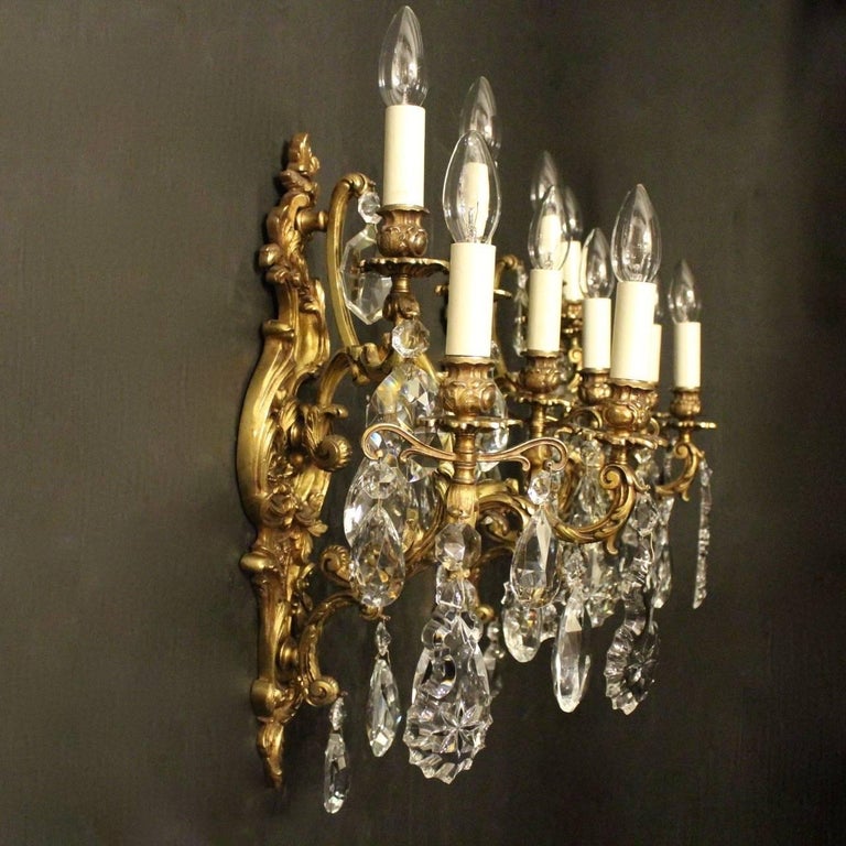 Italian Pair of Gilded Bronze and Crystal Five-Arm Antique Wall Lights For Sale at 1stdibs