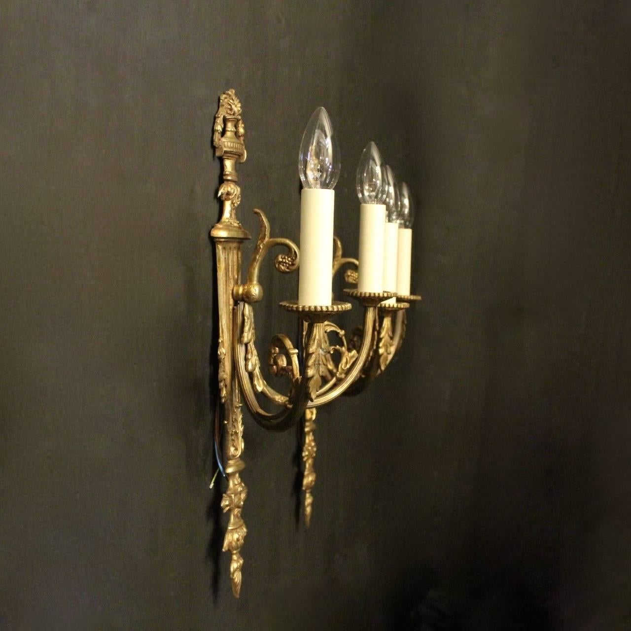 19th Century French Pair of Gilded Bronze Antique Wall Sconces 6