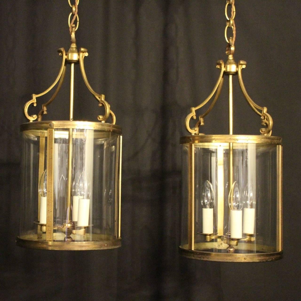 French Pair of Gilded Triple Light Convex Antique Lanterns 3