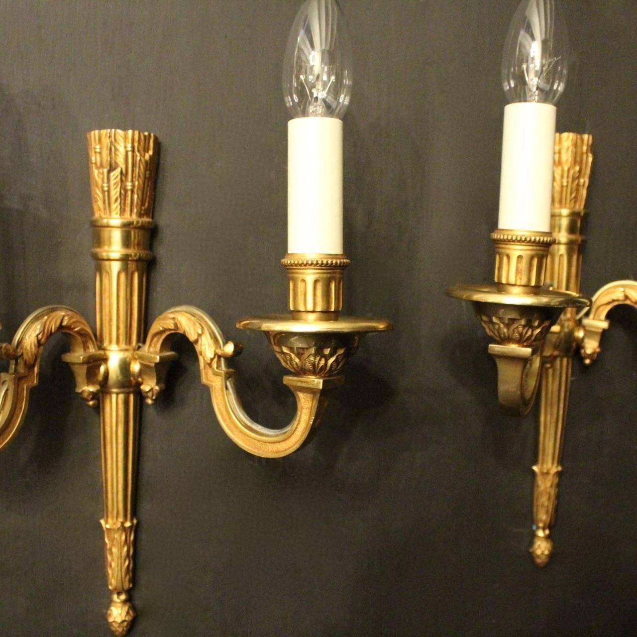 Gilt French Pair of Gilded Bronze Antique Wall Lights