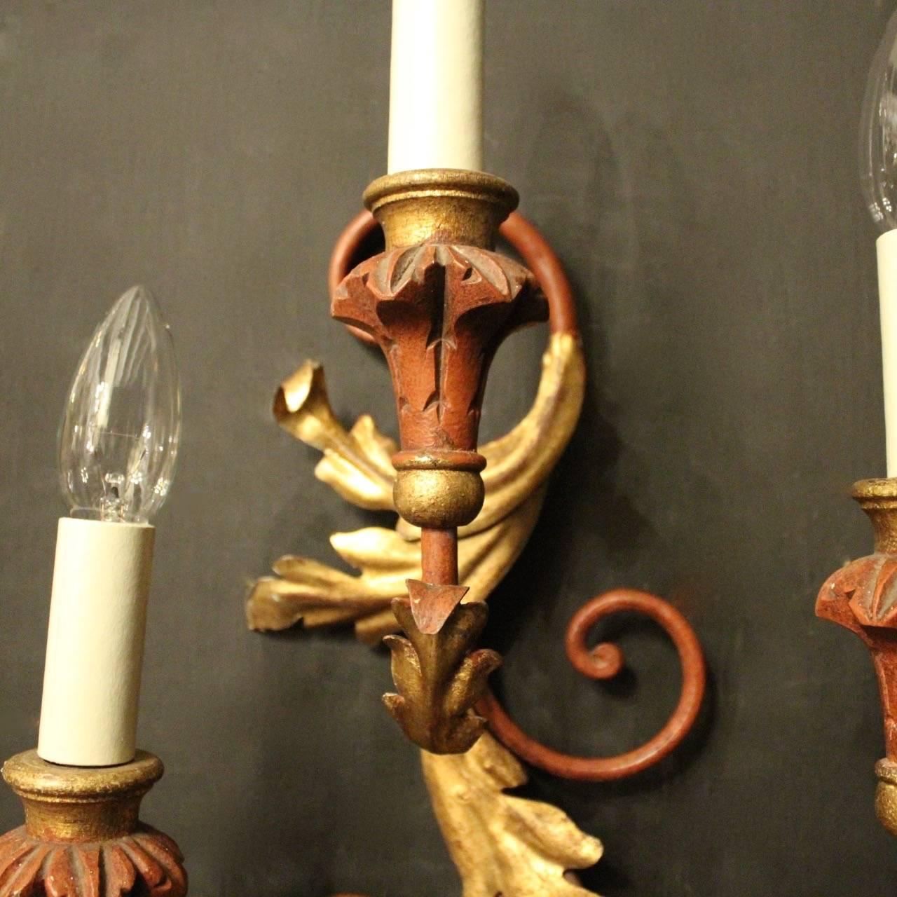 Baroque Revival Florentine Pair of Triple Arm Polychrome Wall Lights