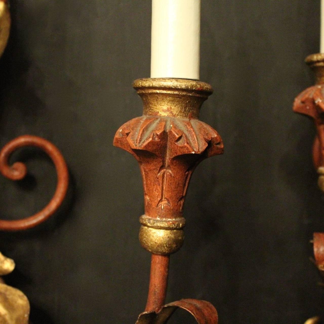 Late 20th Century Florentine Pair of Triple Arm Polychrome Wall Lights