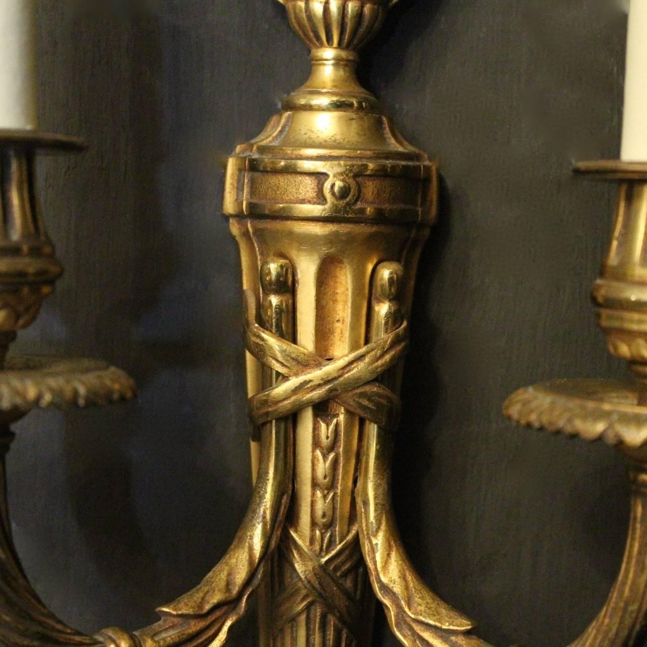 French Pair of Gilded Bronze Twin-Arm Antique Wall Lights In Good Condition In Chester, GB