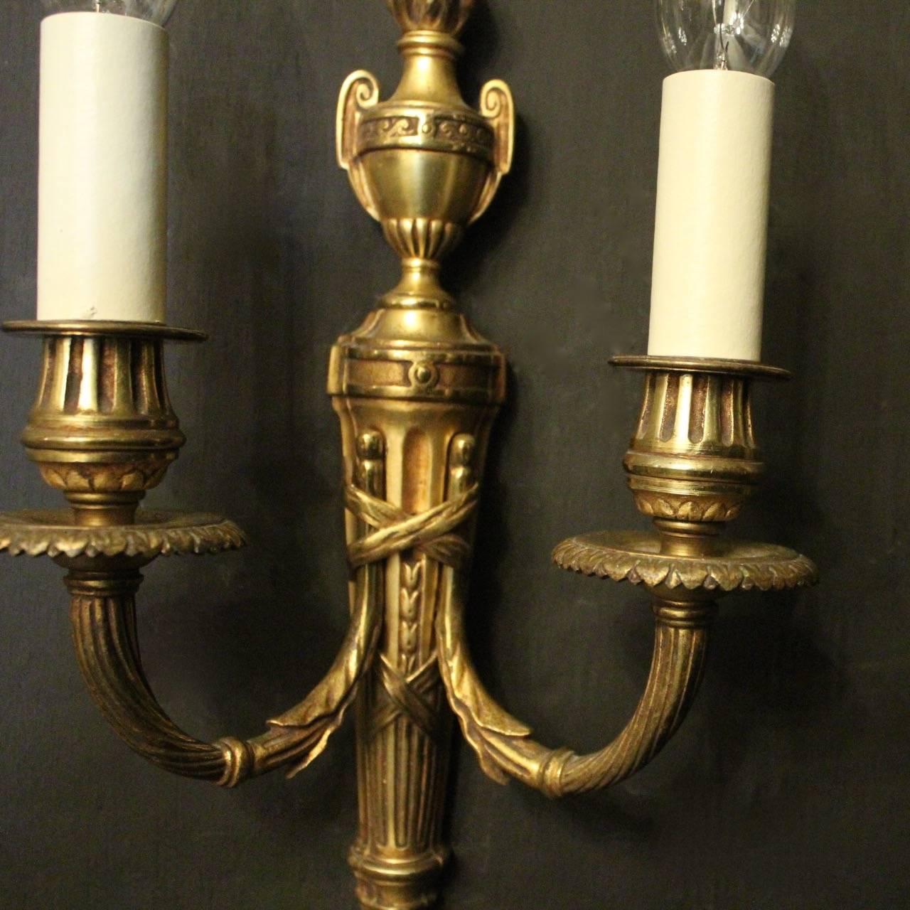 French Pair of Gilded Bronze Twin-Arm Antique Wall Lights 2