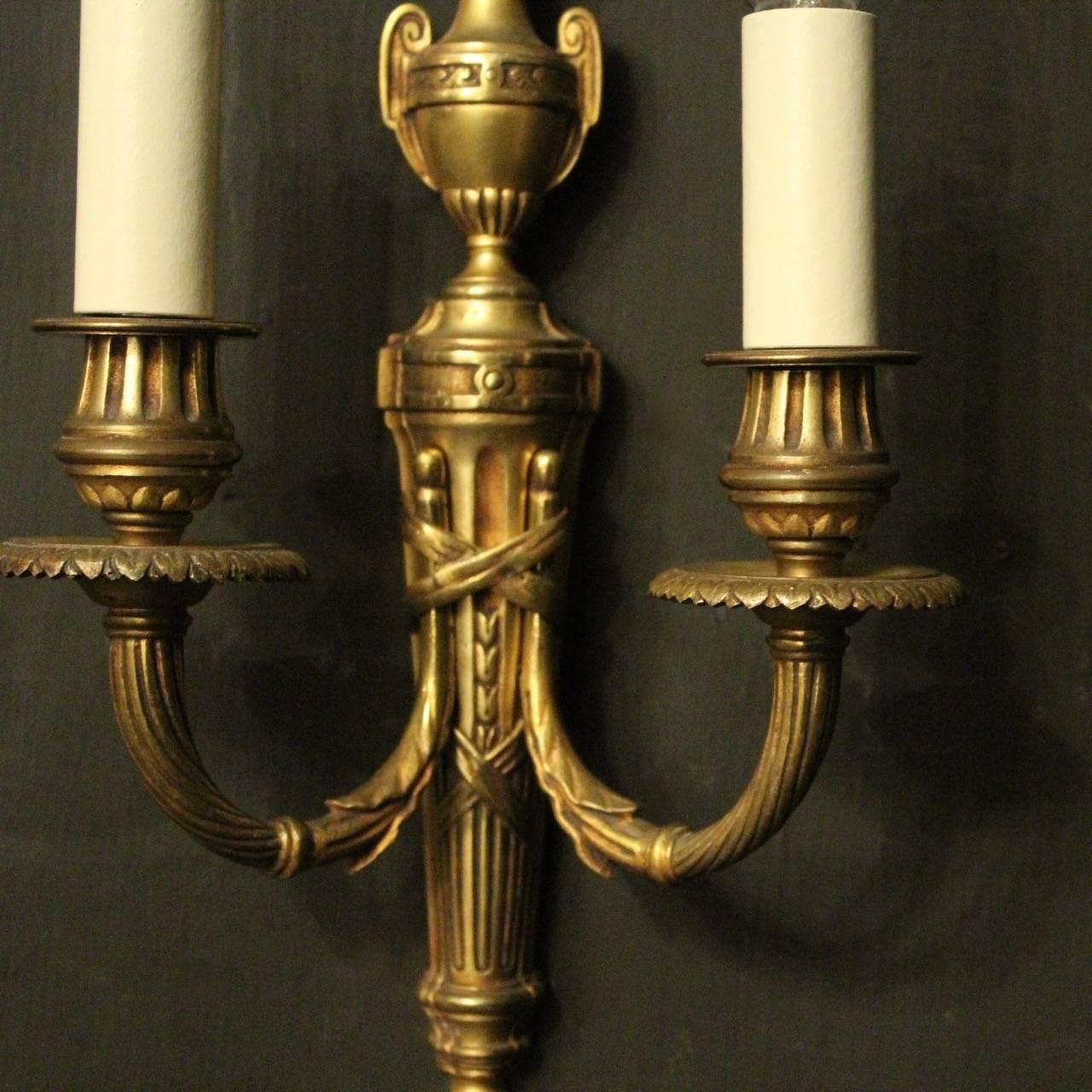 French Pair of Gilded Bronze Twin-Arm Antique Wall Lights 4