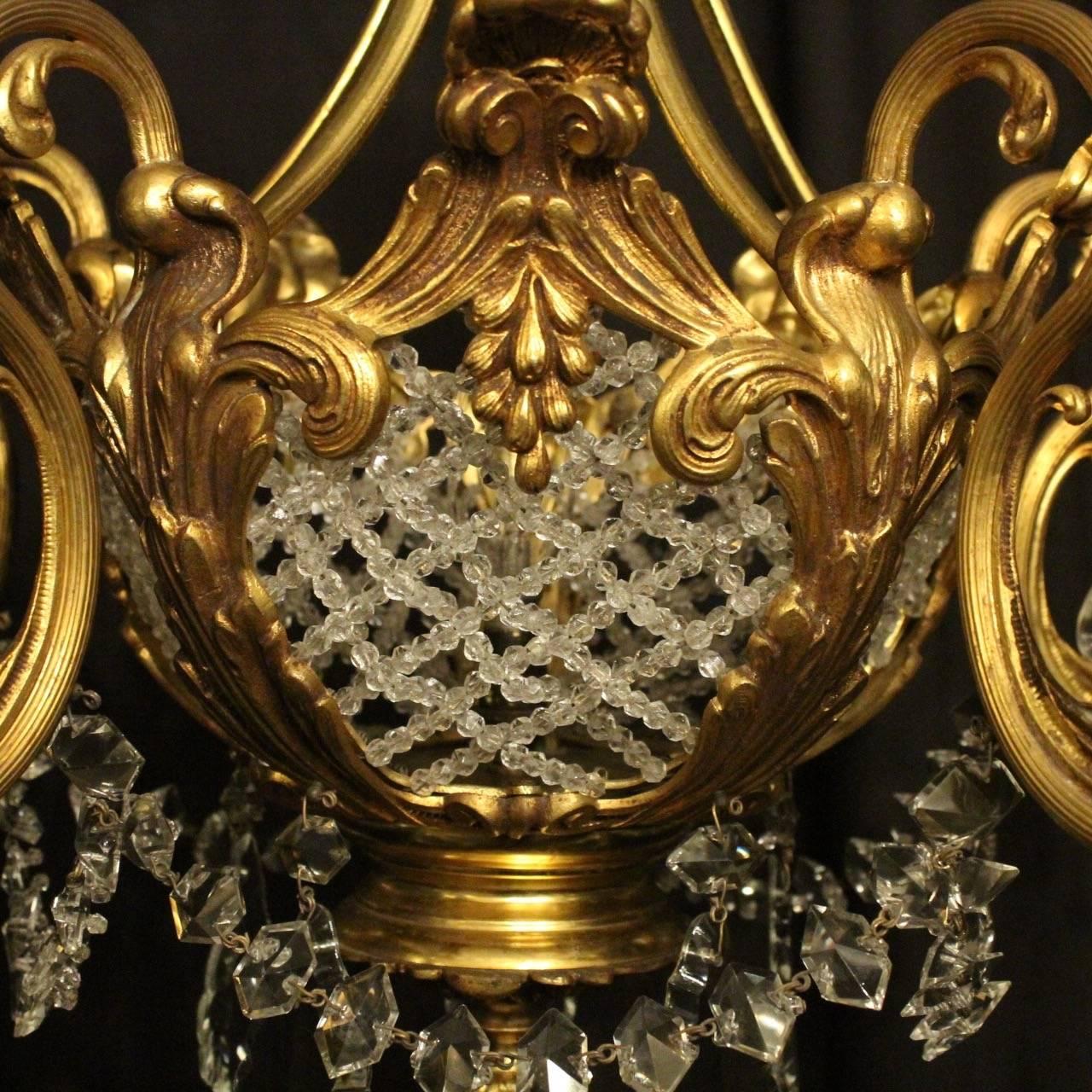 French Gilded Bronze and Crystal Six-Light Antique Chandelier In Excellent Condition In Chester, GB