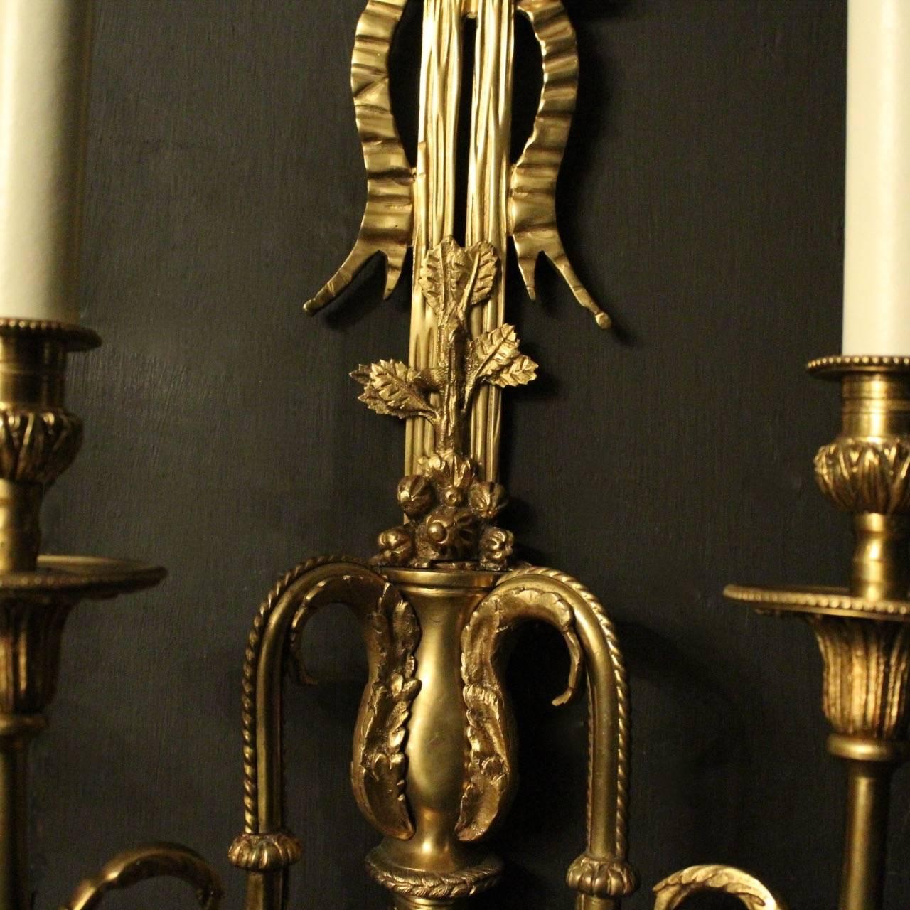 20th Century French Set of Four Gilded Bronze Twin-Arm Antique Wall Lights