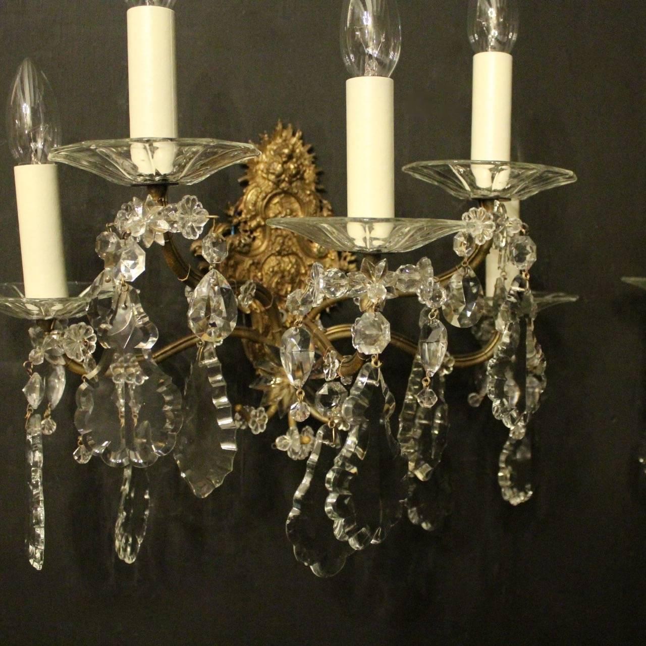 French Pair of Gilded Bronze and Crystal Five-Arm Antique Wall Lights In Good Condition In Chester, GB