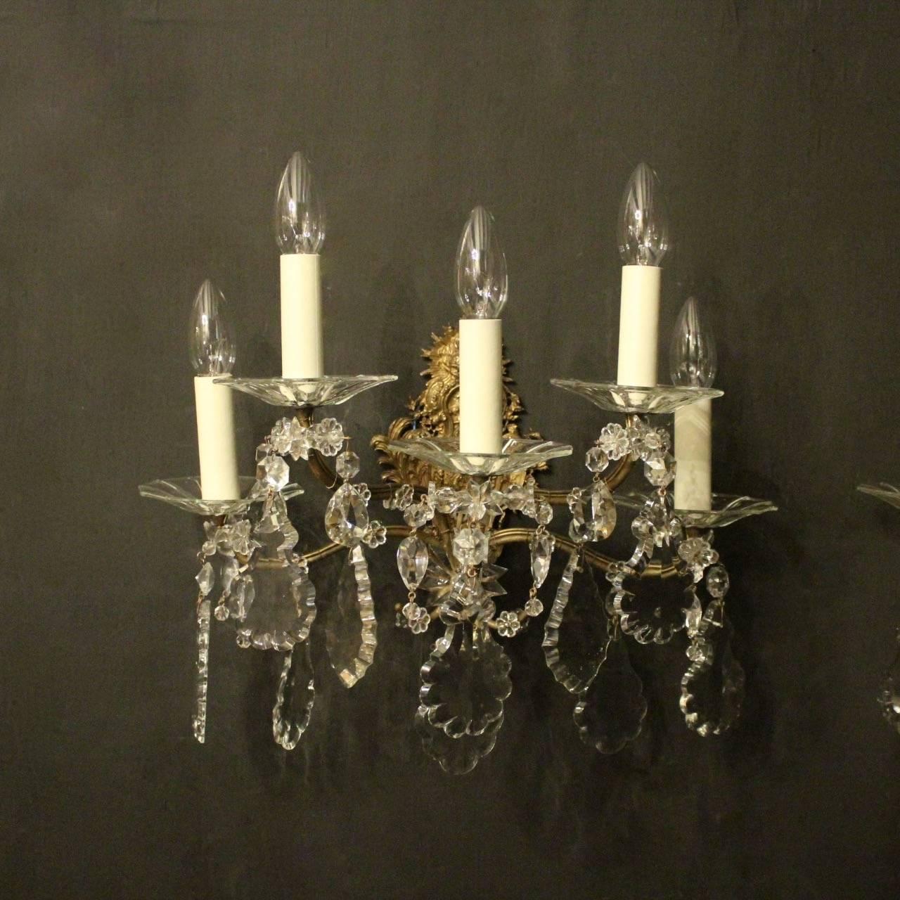 French Pair of Gilded Bronze and Crystal Five-Arm Antique Wall Lights 5