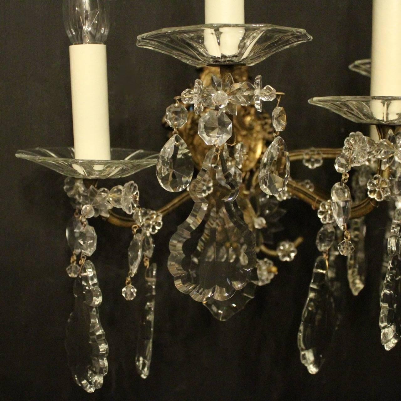 French Pair of Gilded Bronze and Crystal Five-Arm Antique Wall Lights 3