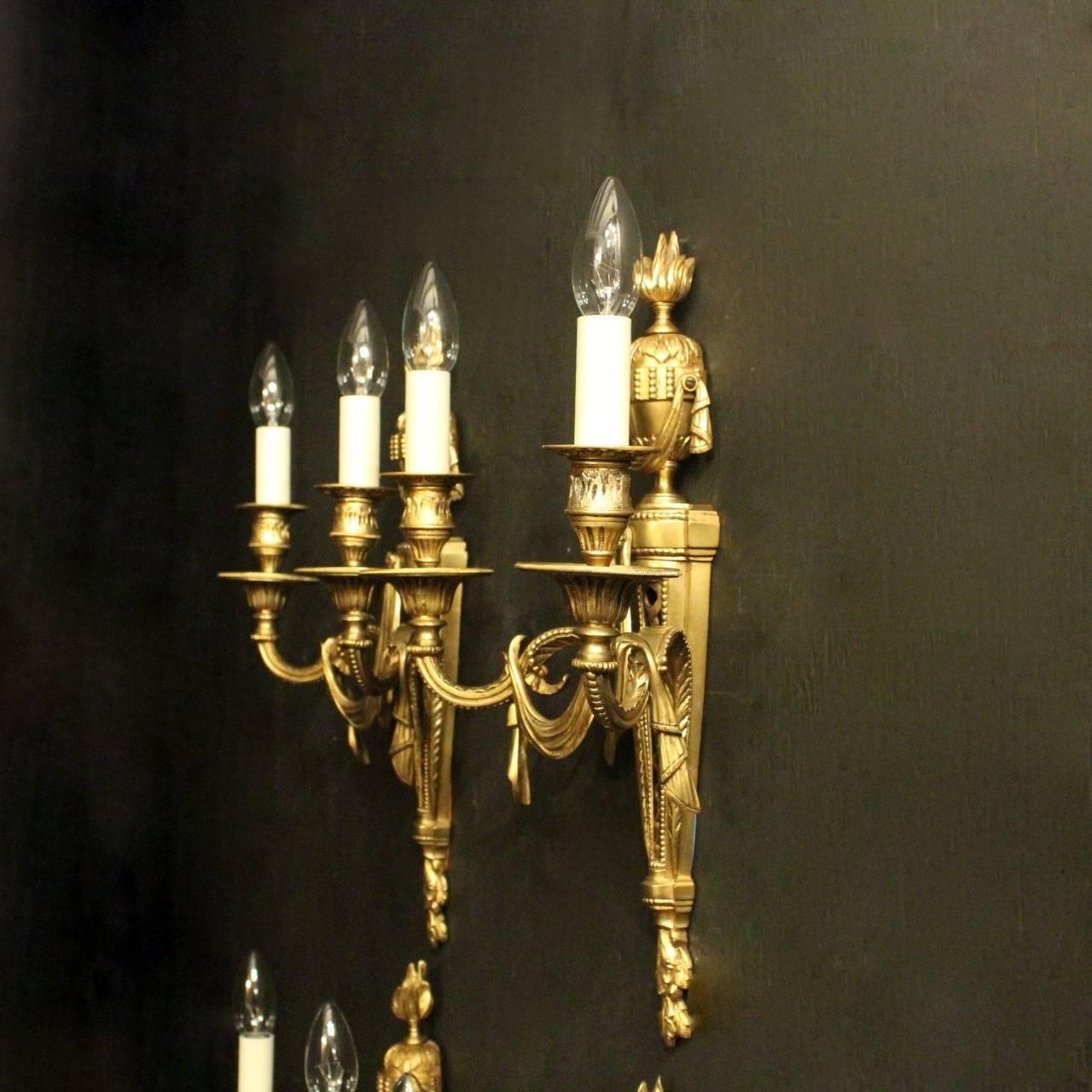 French Set of Four Gilded Cast Bronze Twin Arm Antique Wall Lights 3