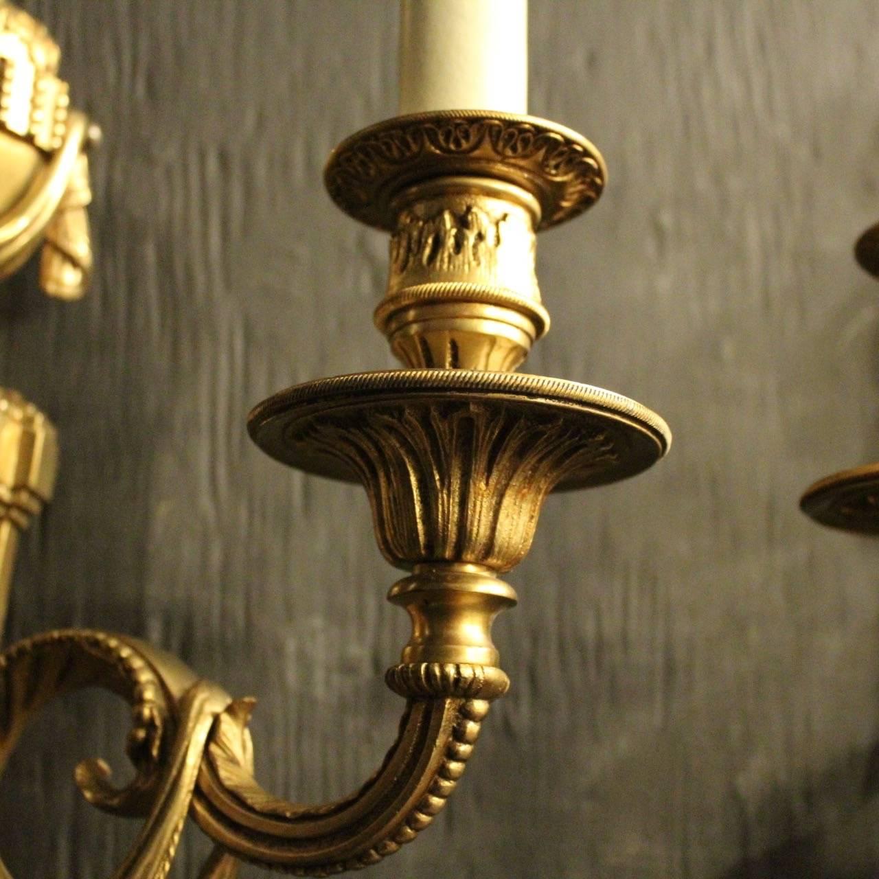 19th Century French Set of Four Gilded Cast Bronze Twin Arm Antique Wall Lights