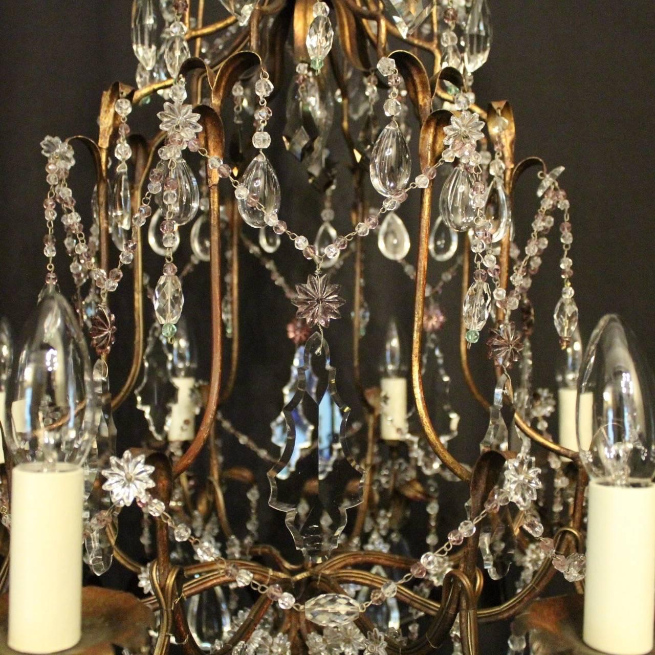Italian Florentine Amethyst Crystal Eight-Light Antique Chandelier In Excellent Condition In Chester, GB