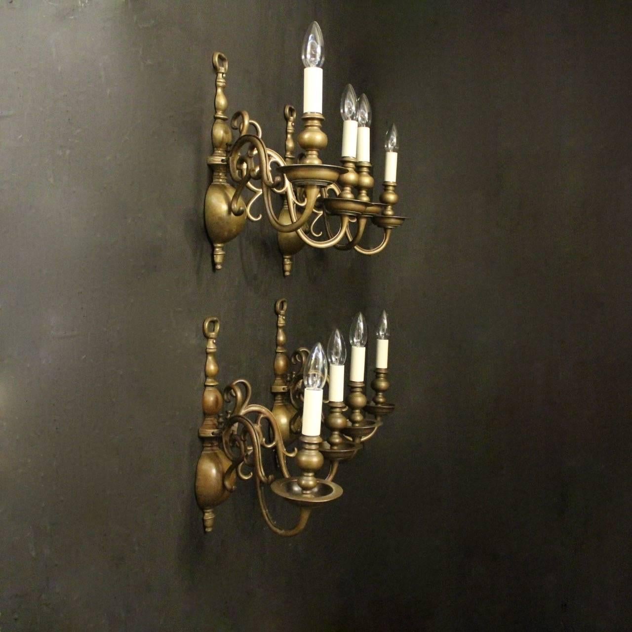 Flemish 19th Century Set of Four Bronze Twin-Arm Antique Sconces 3