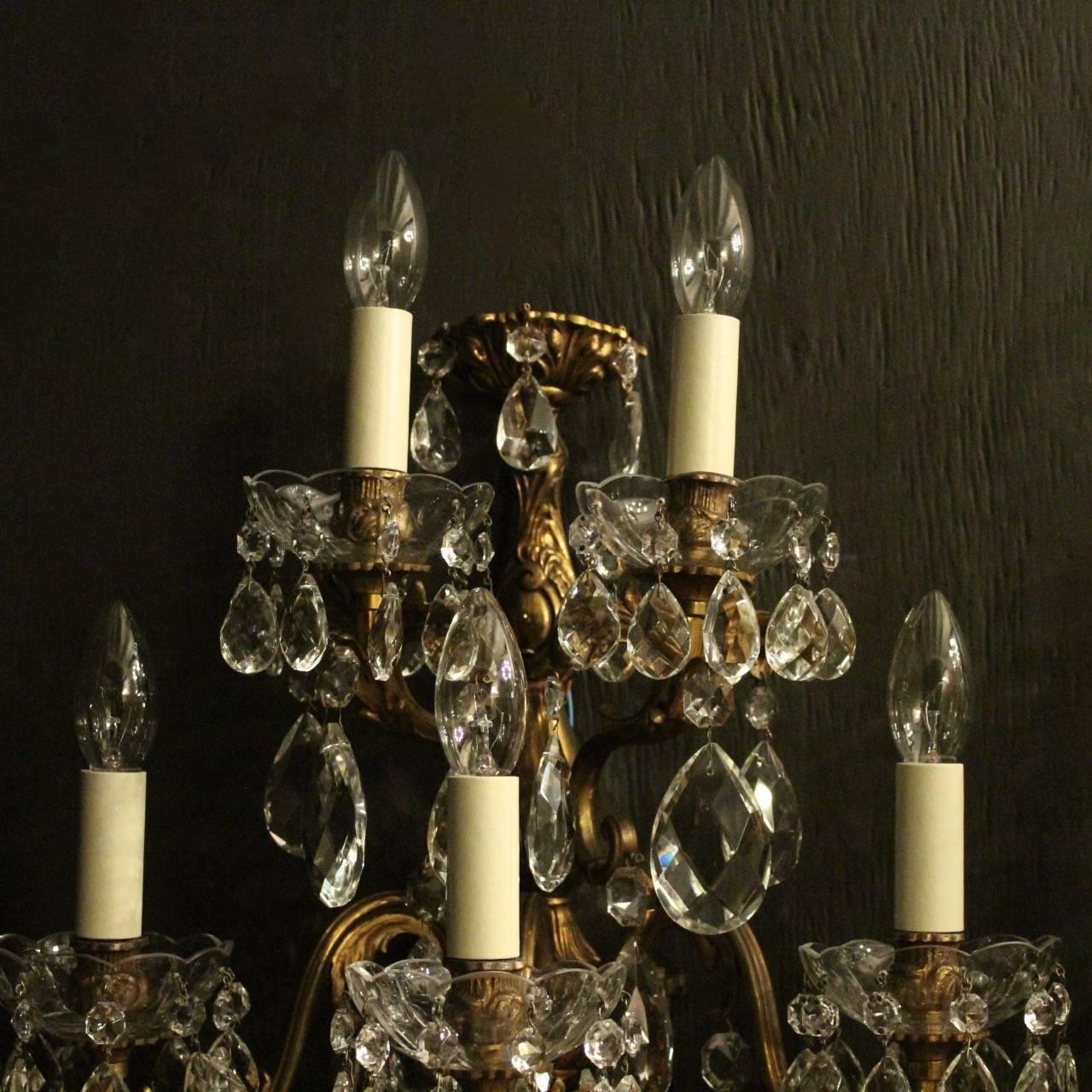Baroque Italian Pair of Gilded Bronze and Crystal Five-Arm Antique Wall Lights