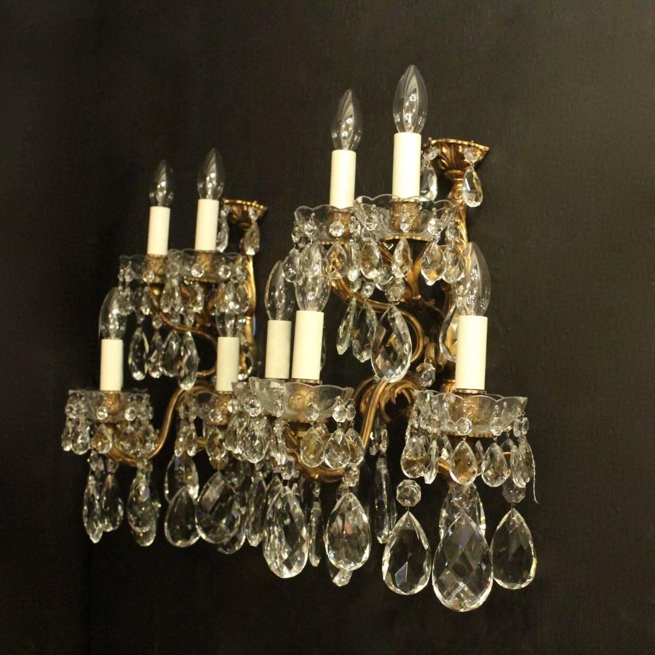 Italian Pair of Gilded Bronze and Crystal Five-Arm Antique Wall Lights 4