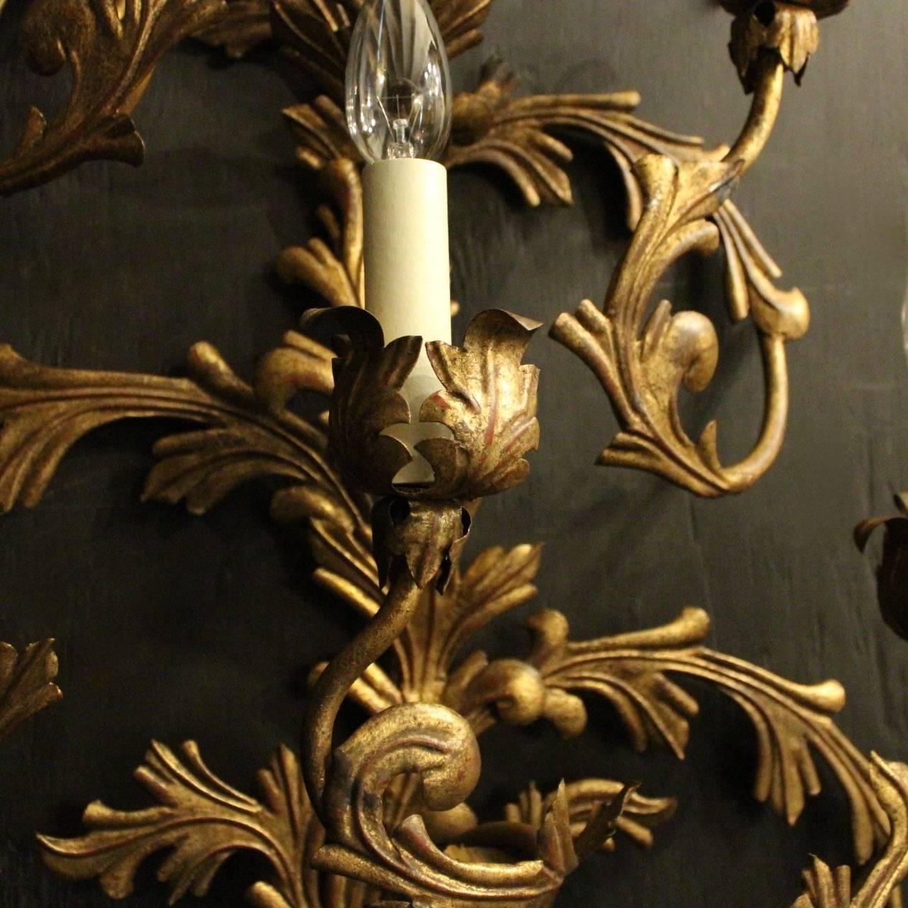 Rococo Florentine Large Pair of Gilded Six-Arm Leaf Wall Lights