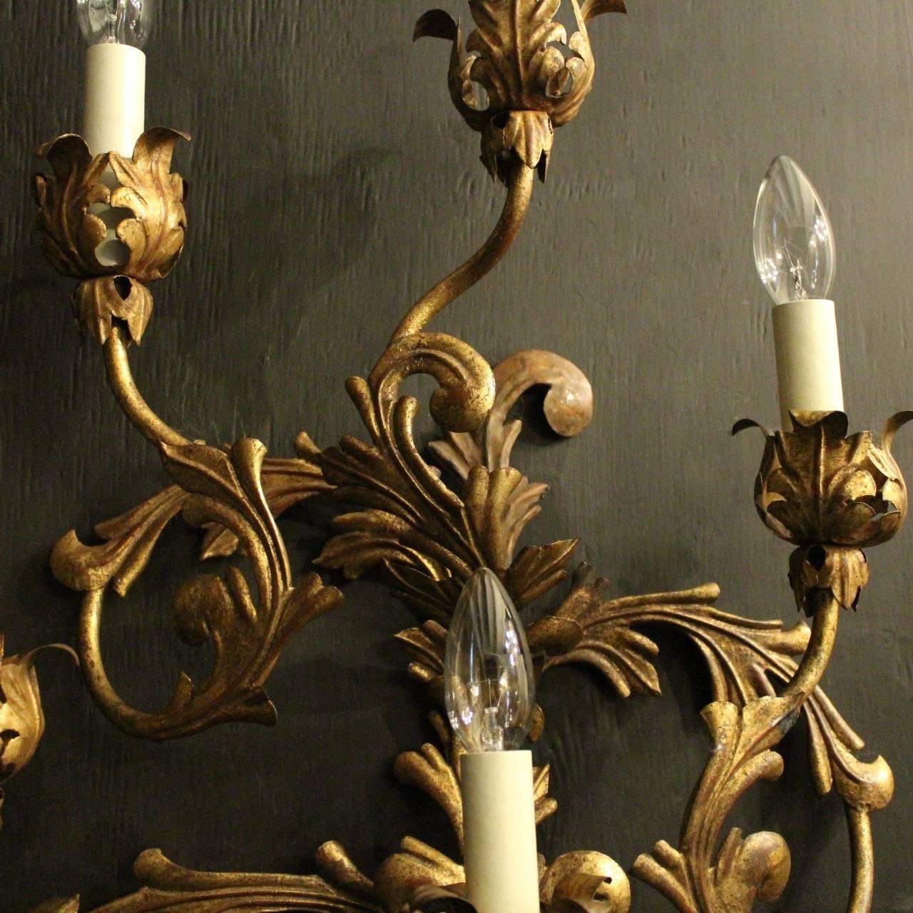 Florentine Large Pair of Gilded Six-Arm Leaf Wall Lights In Good Condition In Chester, GB