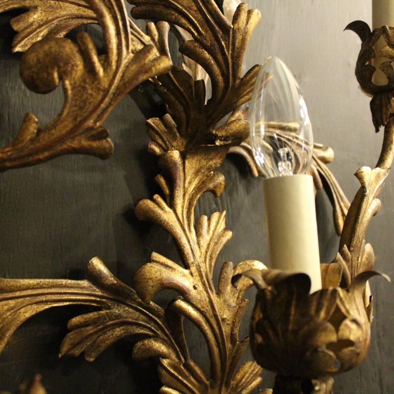 Metal Florentine Large Pair of Gilded Six-Arm Leaf Wall Lights