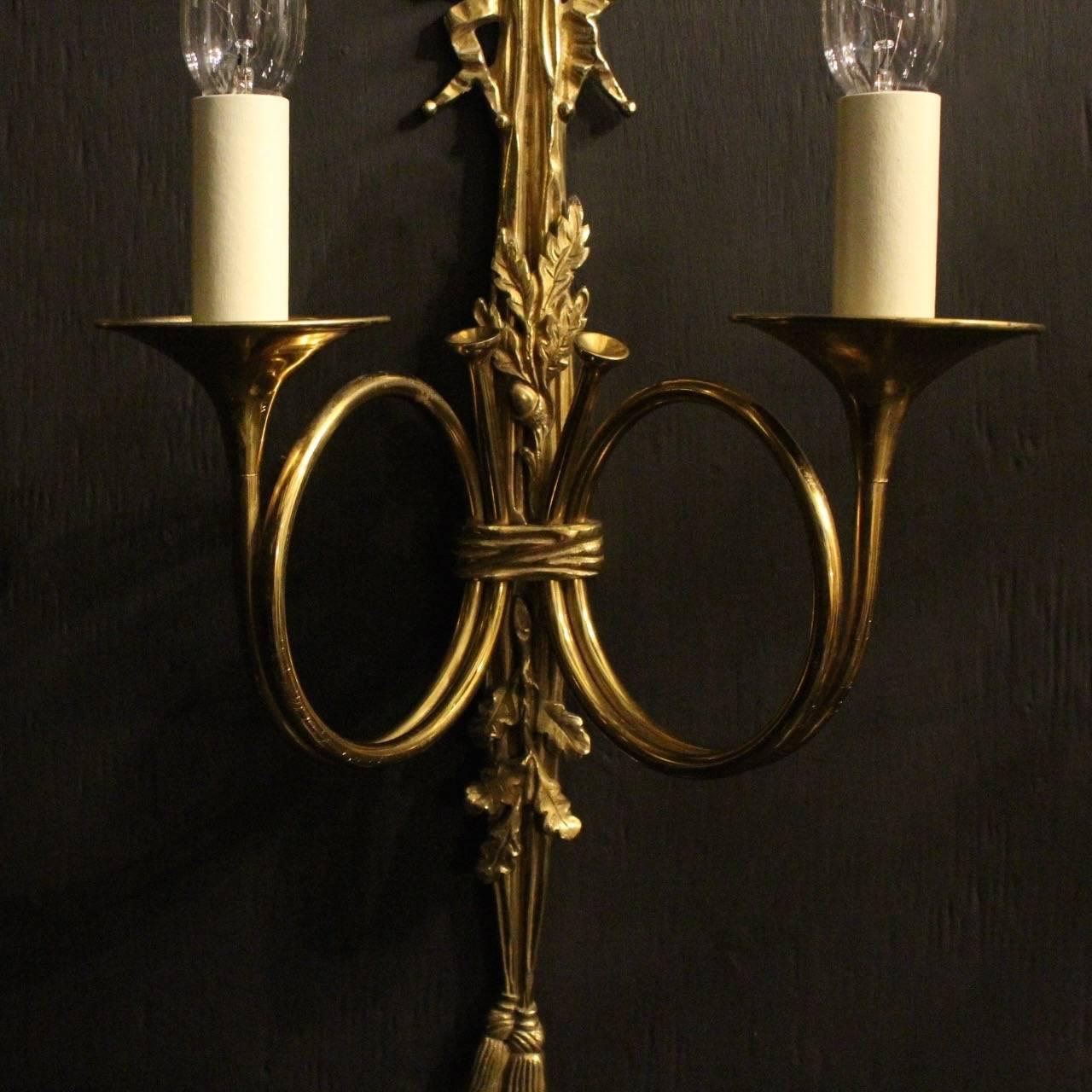 Brass French Pair of Twin Arm Wall Lights