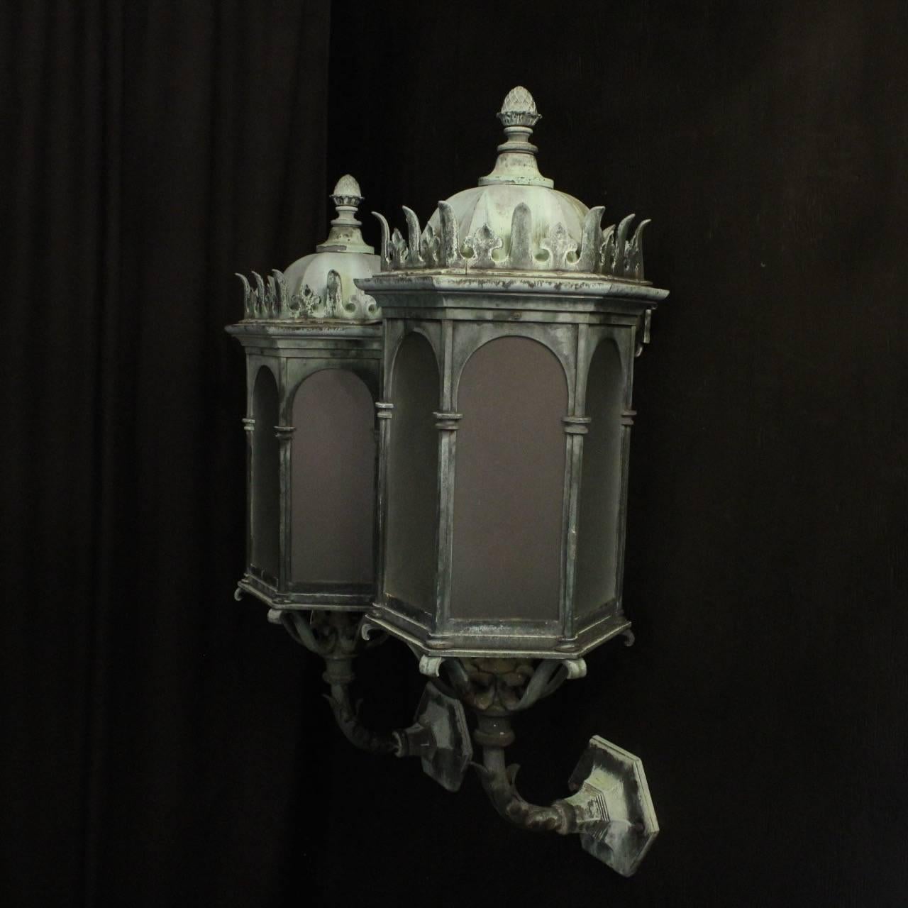 Gothic Revival English Pair of Gothic Bronze Antique Wall Lanterns